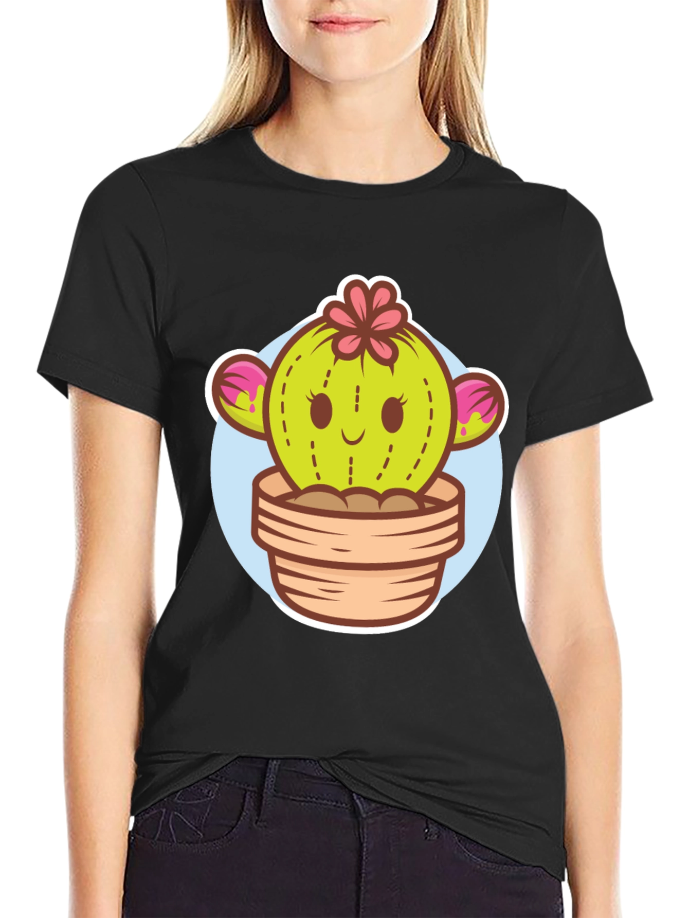 Black Cute Cactus Potted Plant Graphic Tee view 2