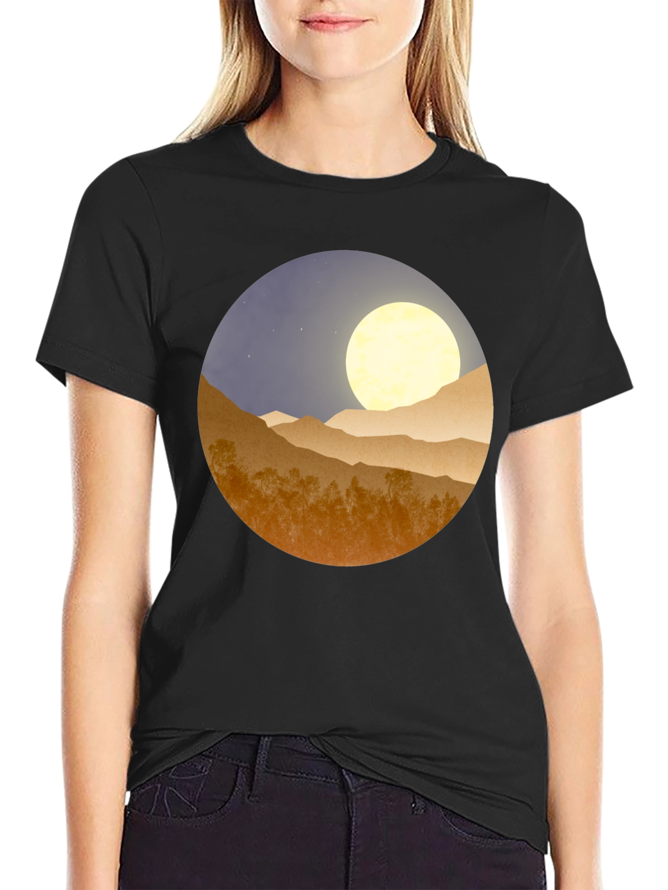 Black Moonlit Mountain Graphic Tee - Soft Black Cotton Blend view 2