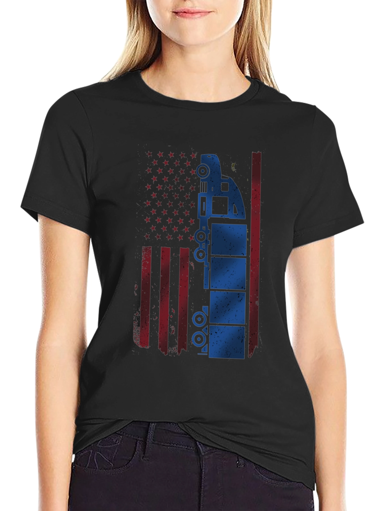 Black American Flag Trucker T-Shirt view 2