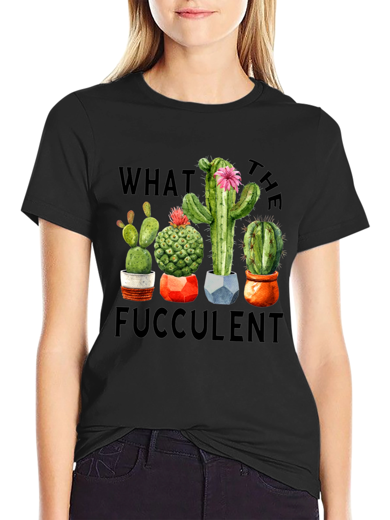 Black "What the Fucculent" Cactus Graphic T-Shirt view 2