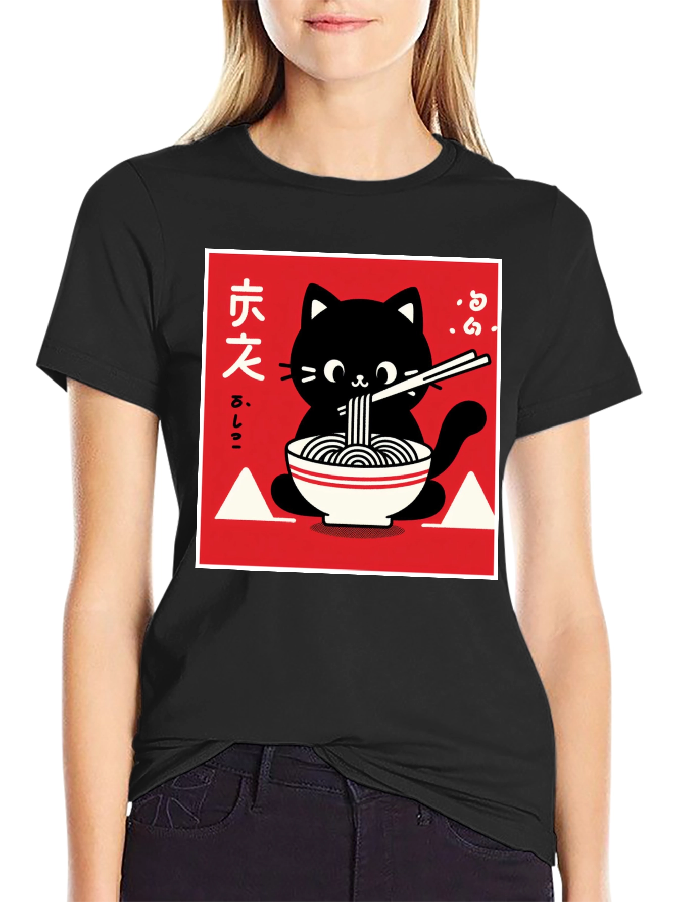 Black Ramen Cat Graphic T-Shirt - Black view 2