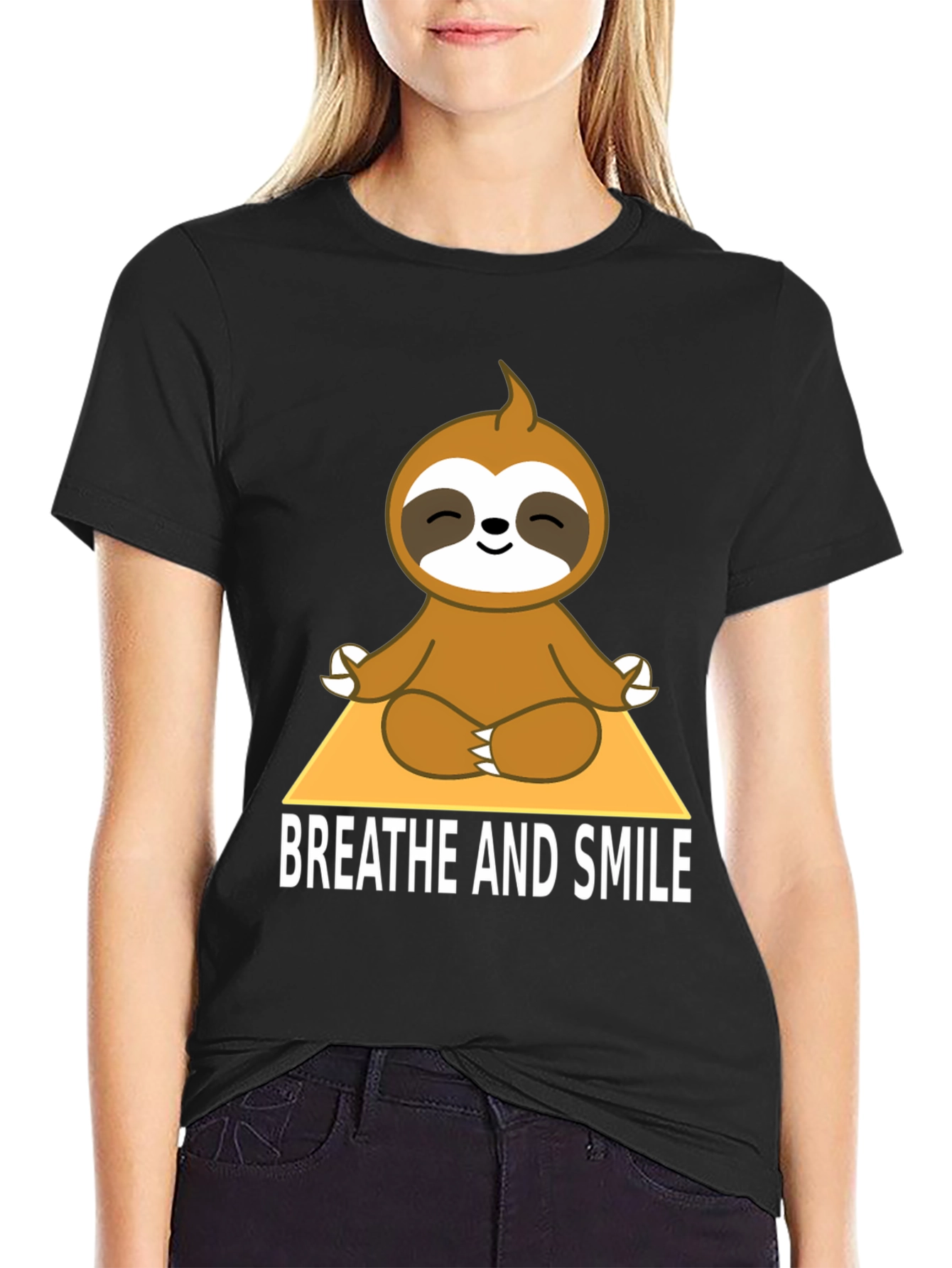 Black Meditating Sloth T-Shirt - Breathe and Smile view 2