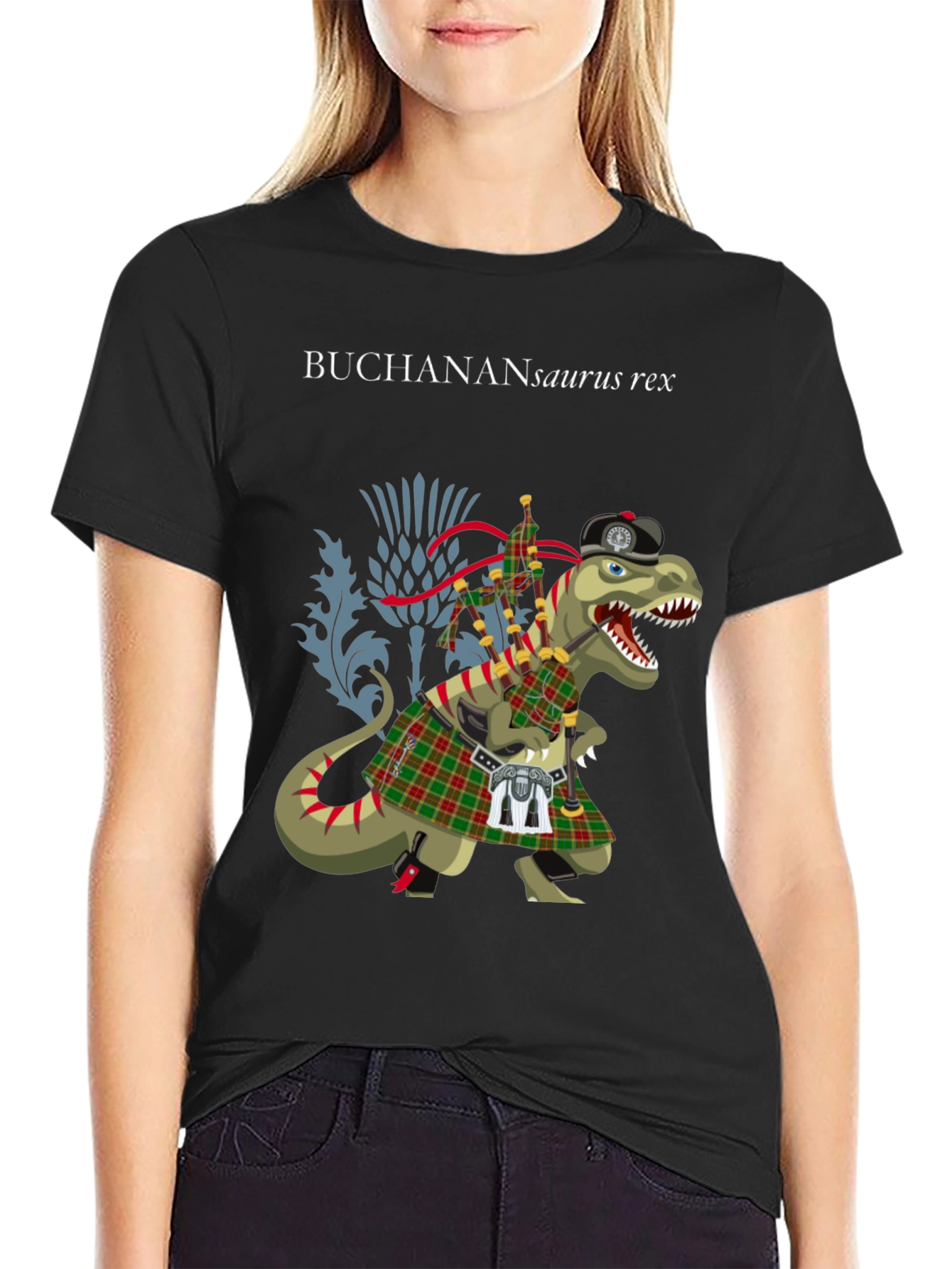 Black Buchanan T-Rex Scottish Kilt T-Shirt view 2