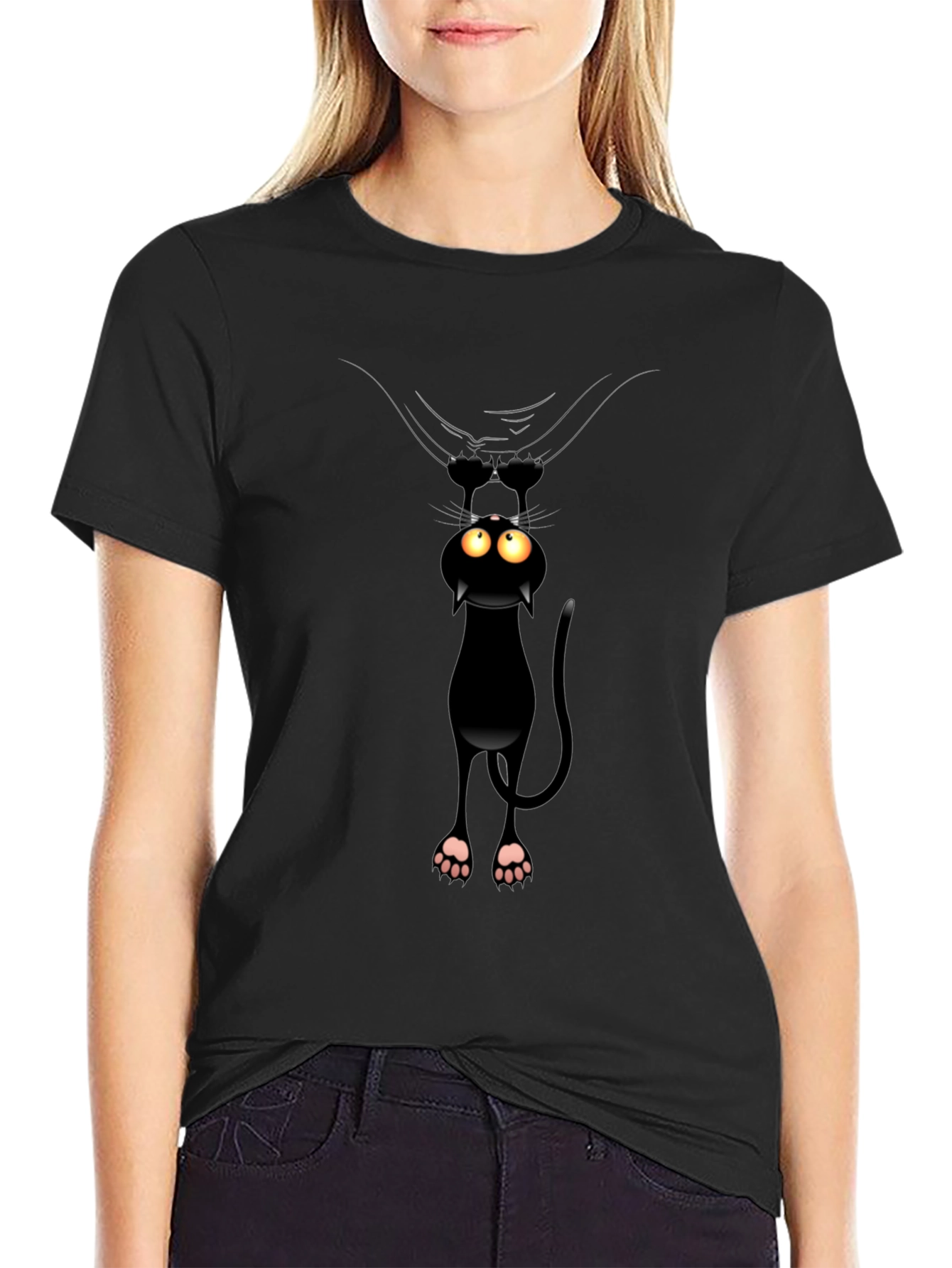 Funny Cat Hanging T-Shirt - Black Cotton Tee - 2