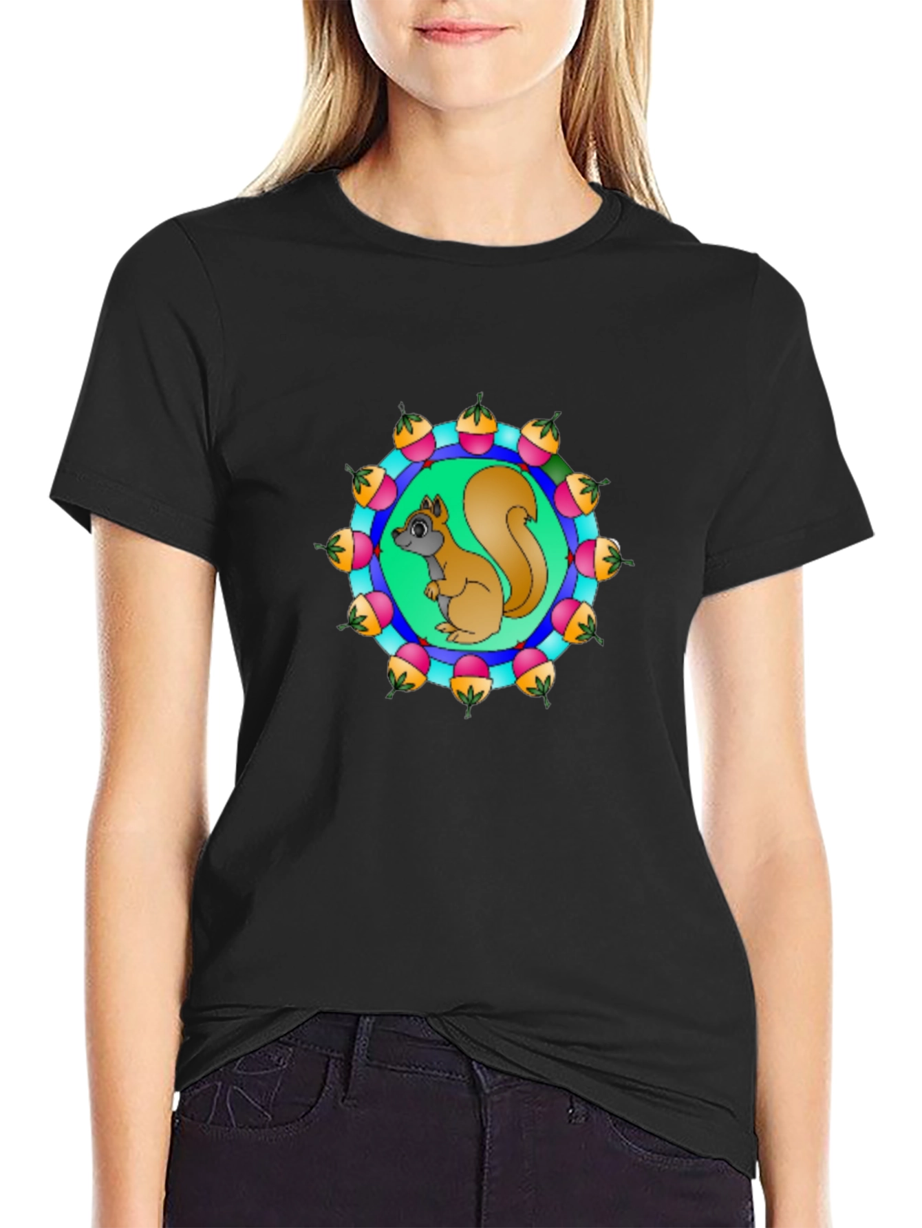 Black Squirrel Acorn Circle T-Shirt - Black Cotton Tee view 2