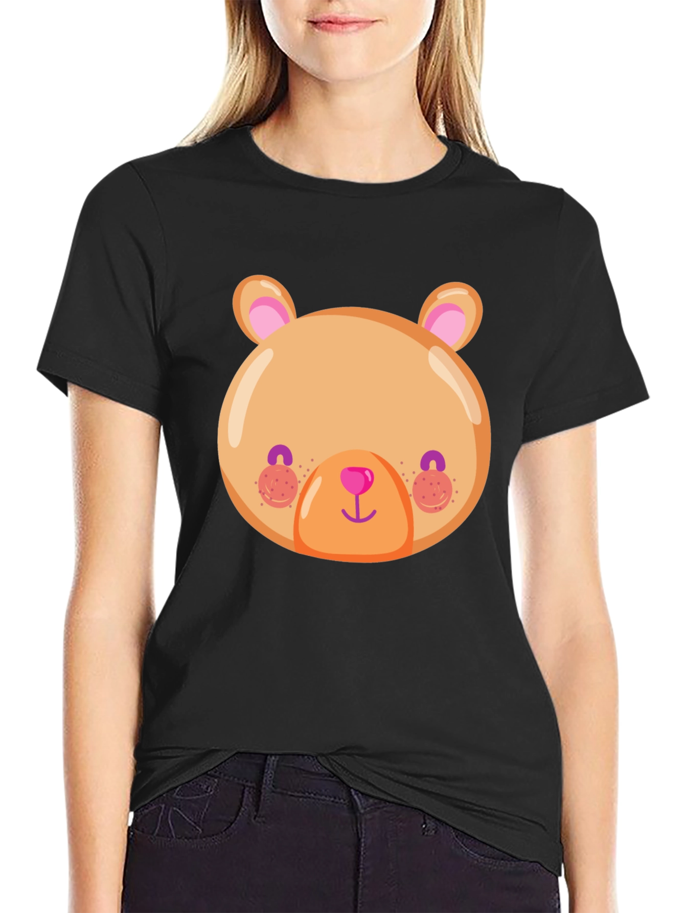 Black Cute Bear Face Graphic Tee - Soft Black T-Shirt view 2