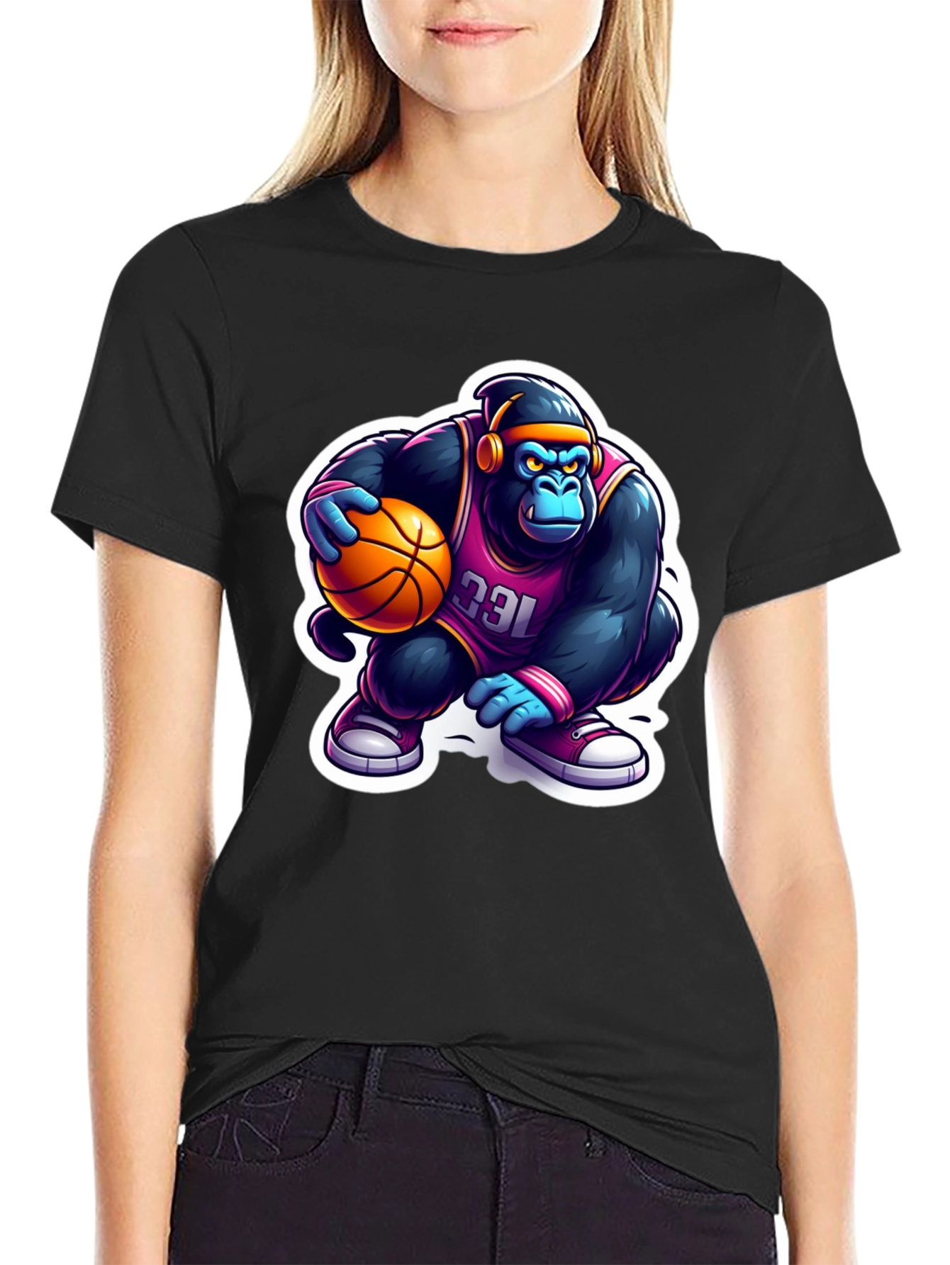 Black Gorilla Basketball T-Shirt - Cool Cartoon Design view 2