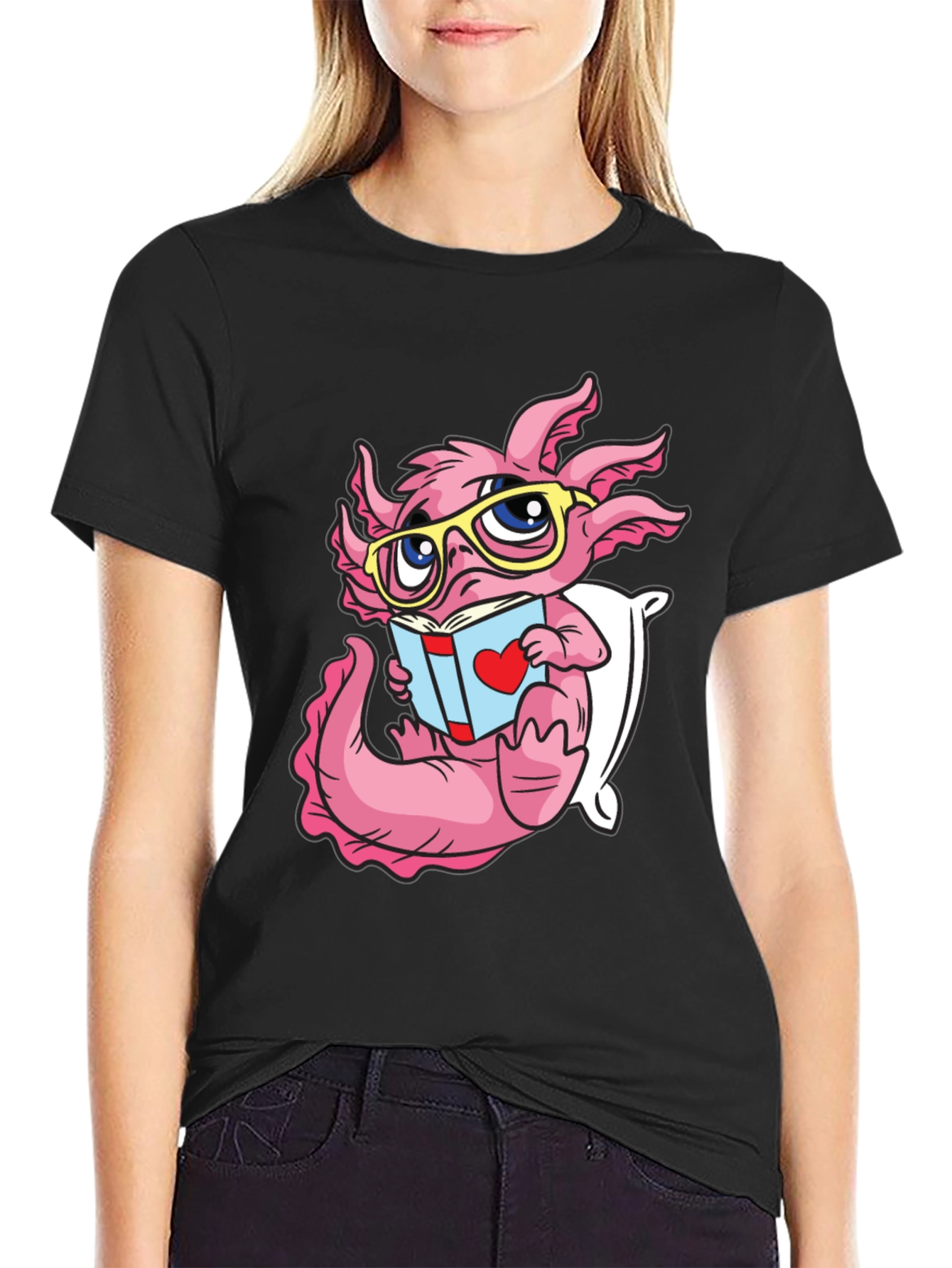 Black Axolotl Reading Book T-Shirt view 2