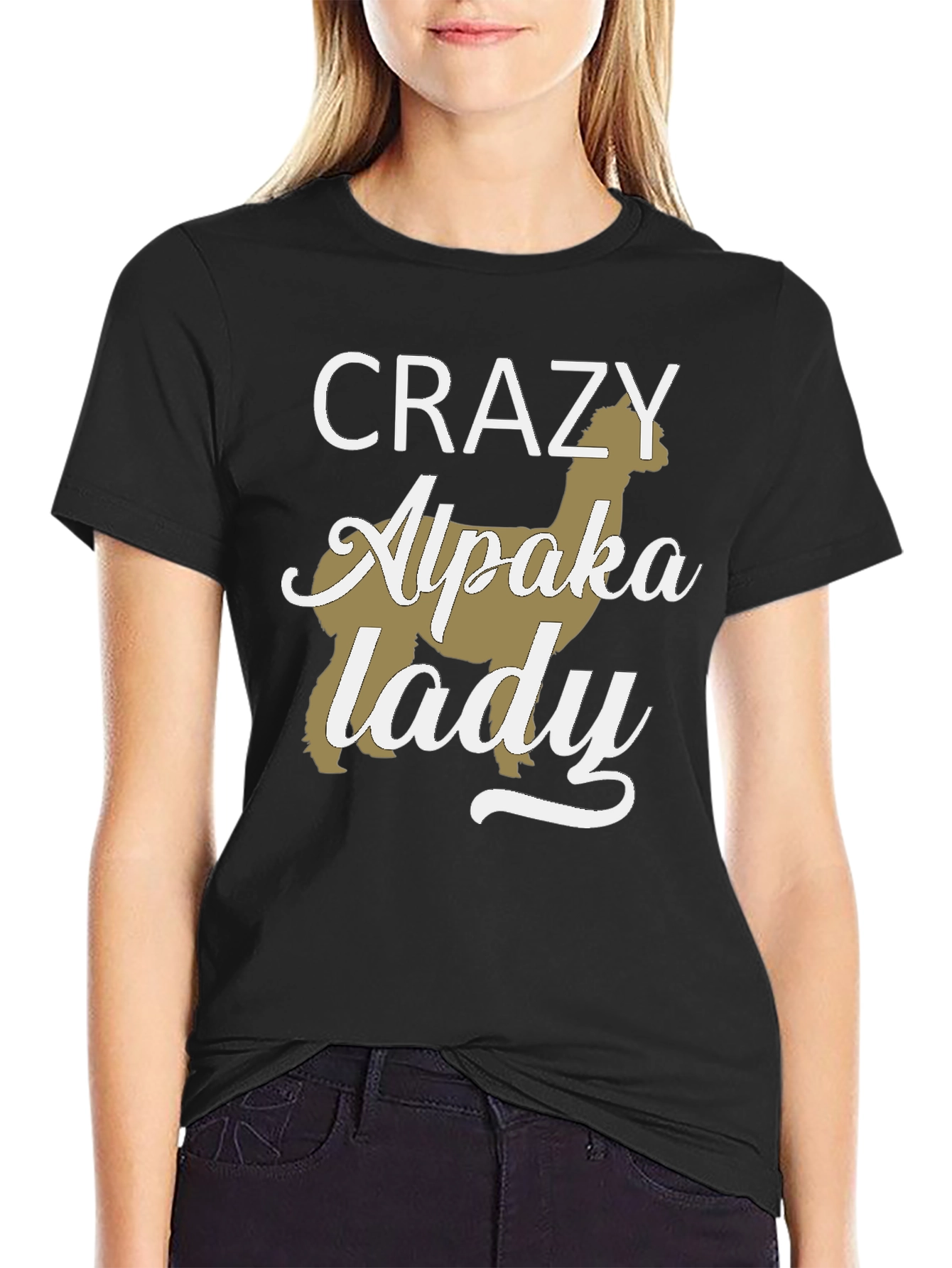 Black Crazy Alpaca Lady T-Shirt - Novelty Graphic Tee view 2