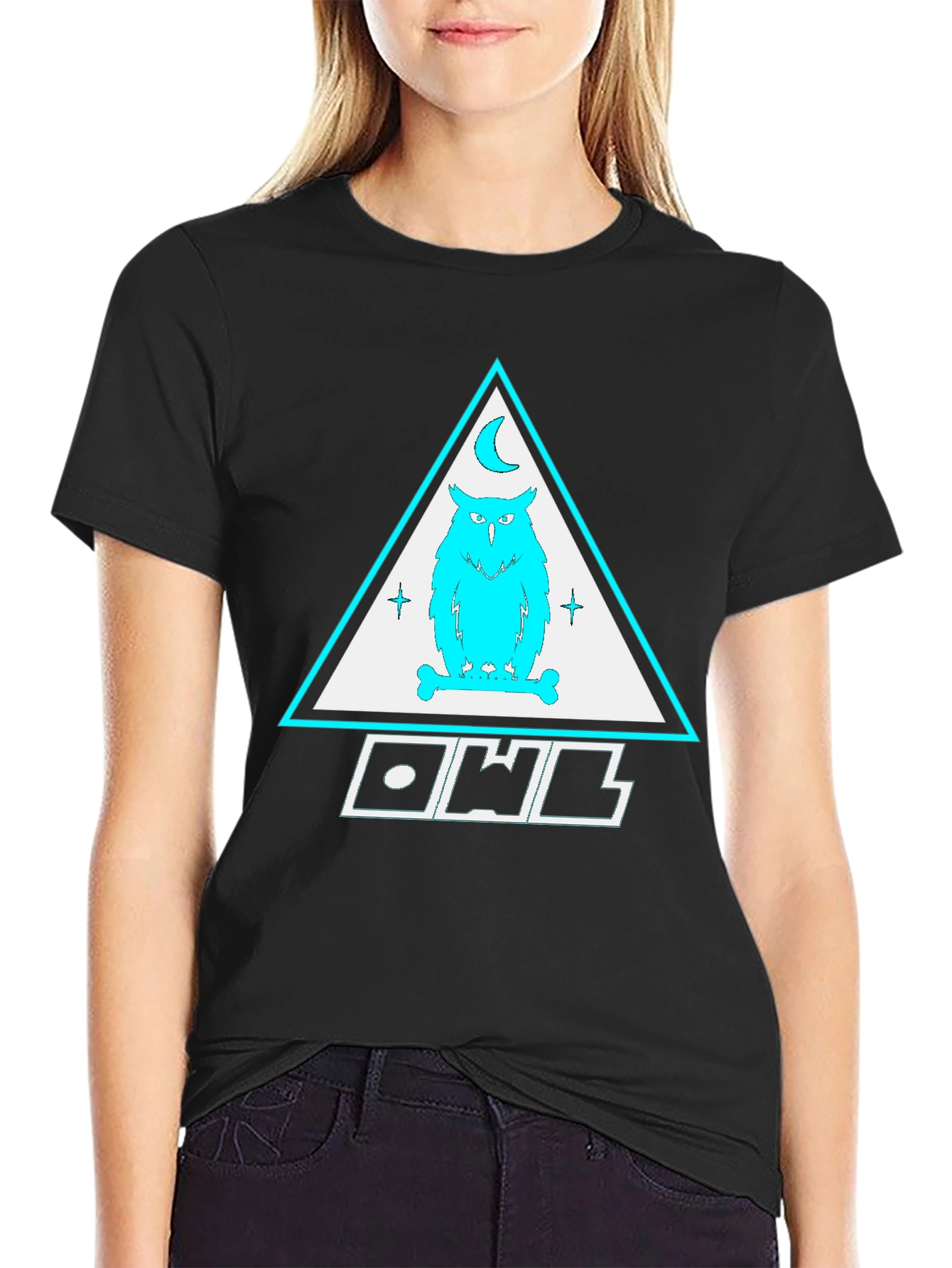 Black Owl Triangle Graphic Print Black T-Shirt view 2