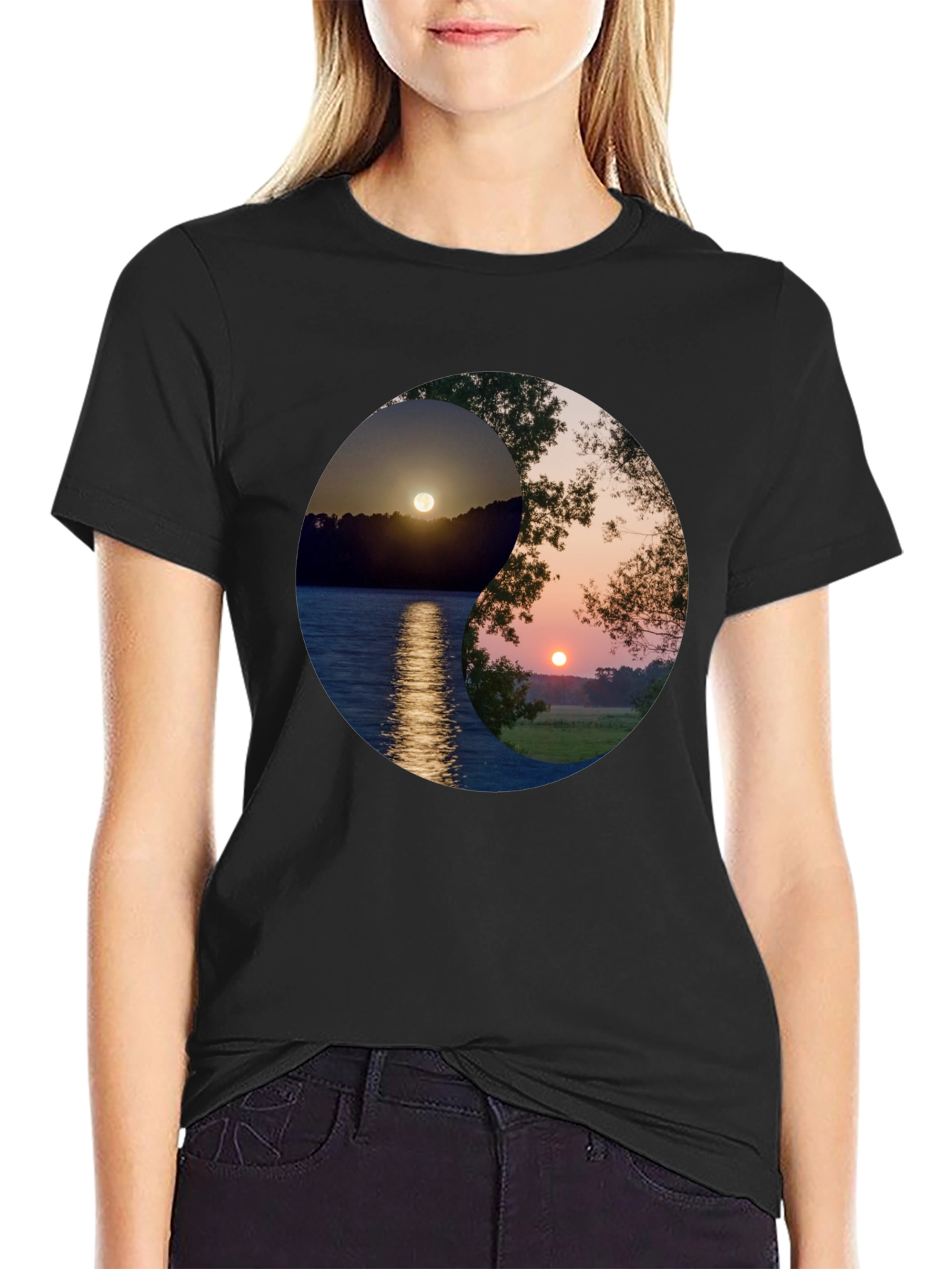 Black Yin Yang Sunset Graphic T-Shirt view 2