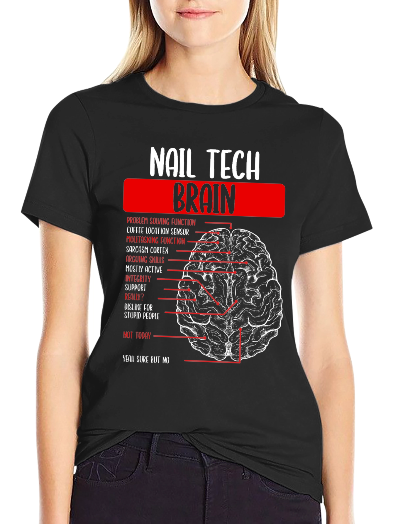 Black Nail Tech Brain Anatomy Graphic T-Shirt view 2