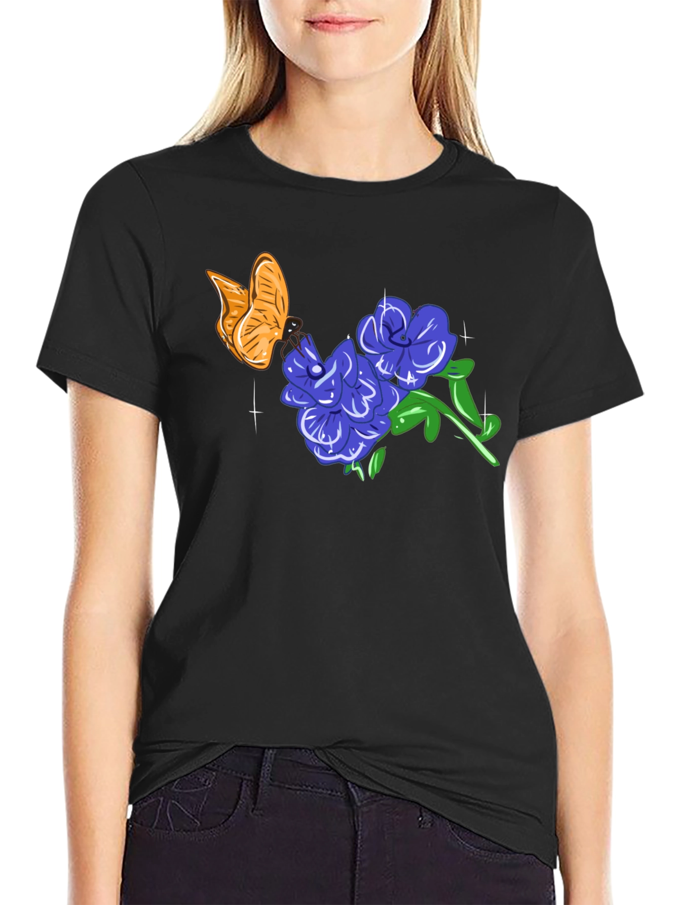 Black Butterfly & Floral Graphic T-Shirt view 2