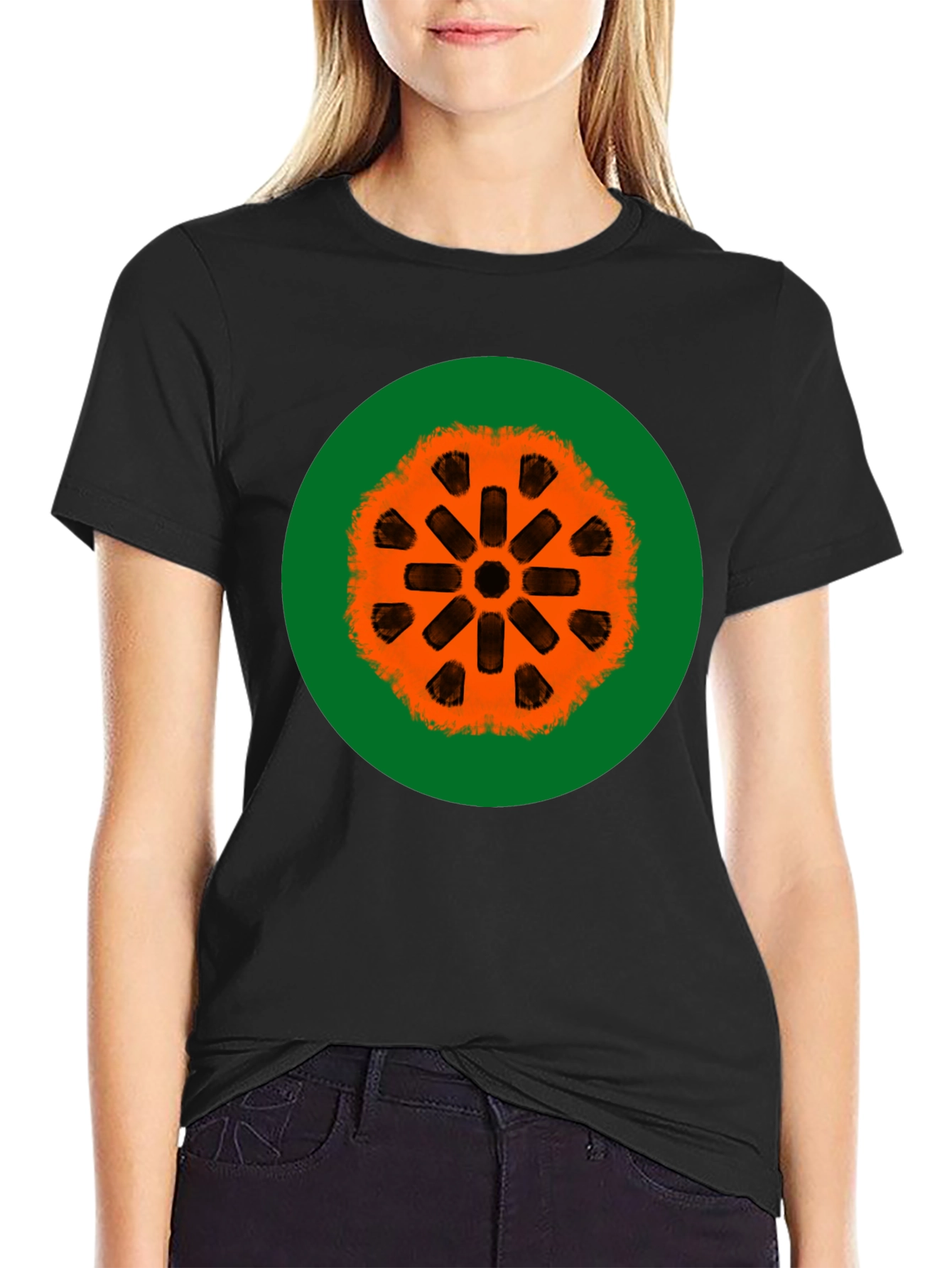 Black Graphic Tee: Orange Mandala on Green view 2