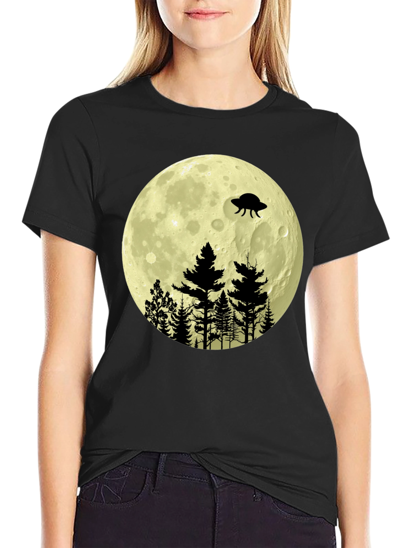 Black UFO Moon Forest Graphic Tee view 2