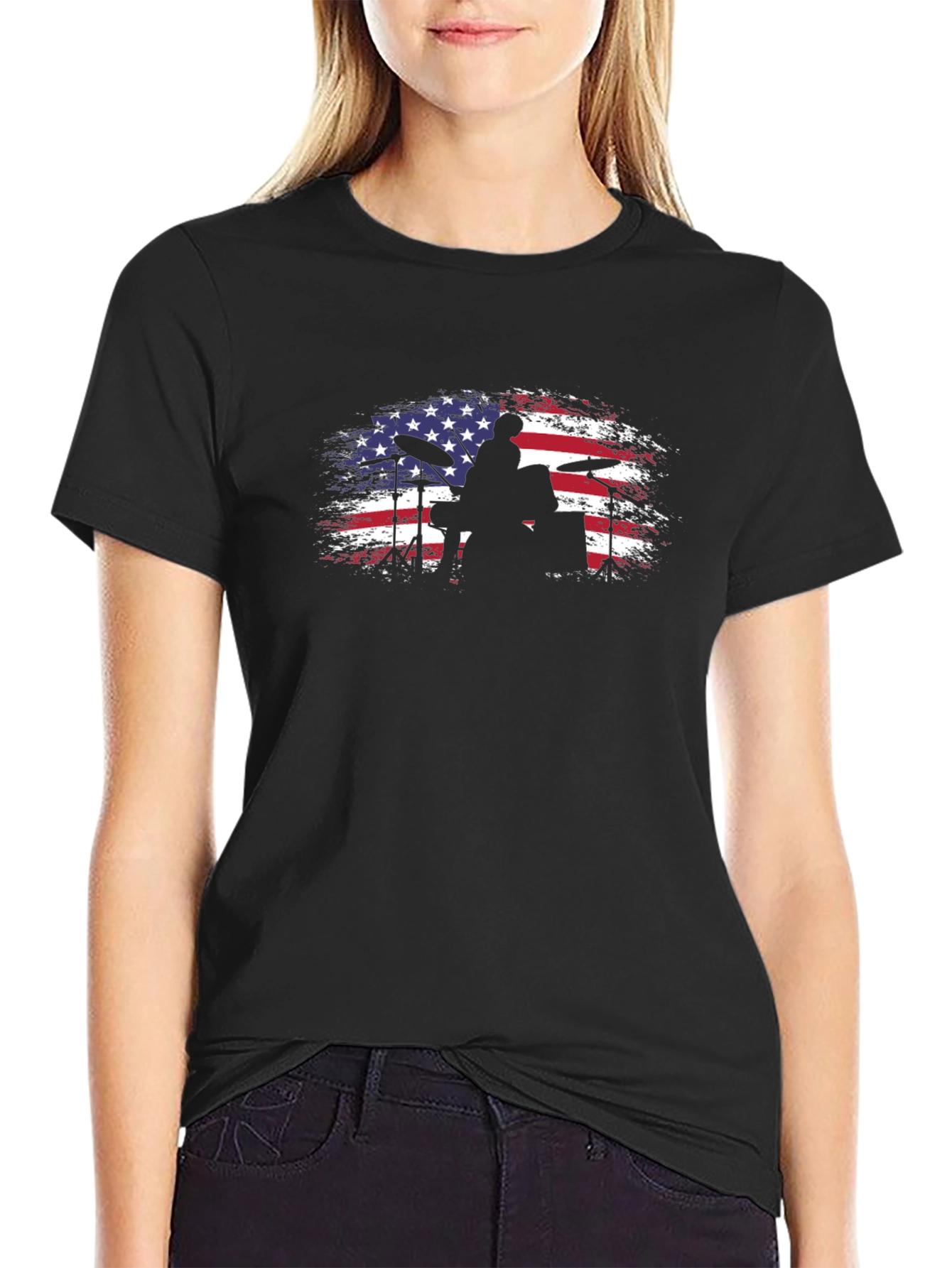 Black American Flag Drummer Black T-Shirt view 2
