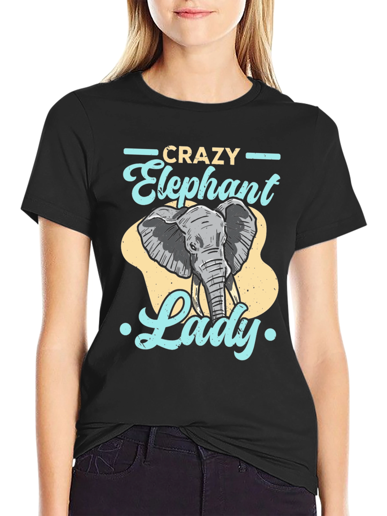 Black Crazy Elephant Lady Graphic Tee - Fun Animal Lover Shirt view 2