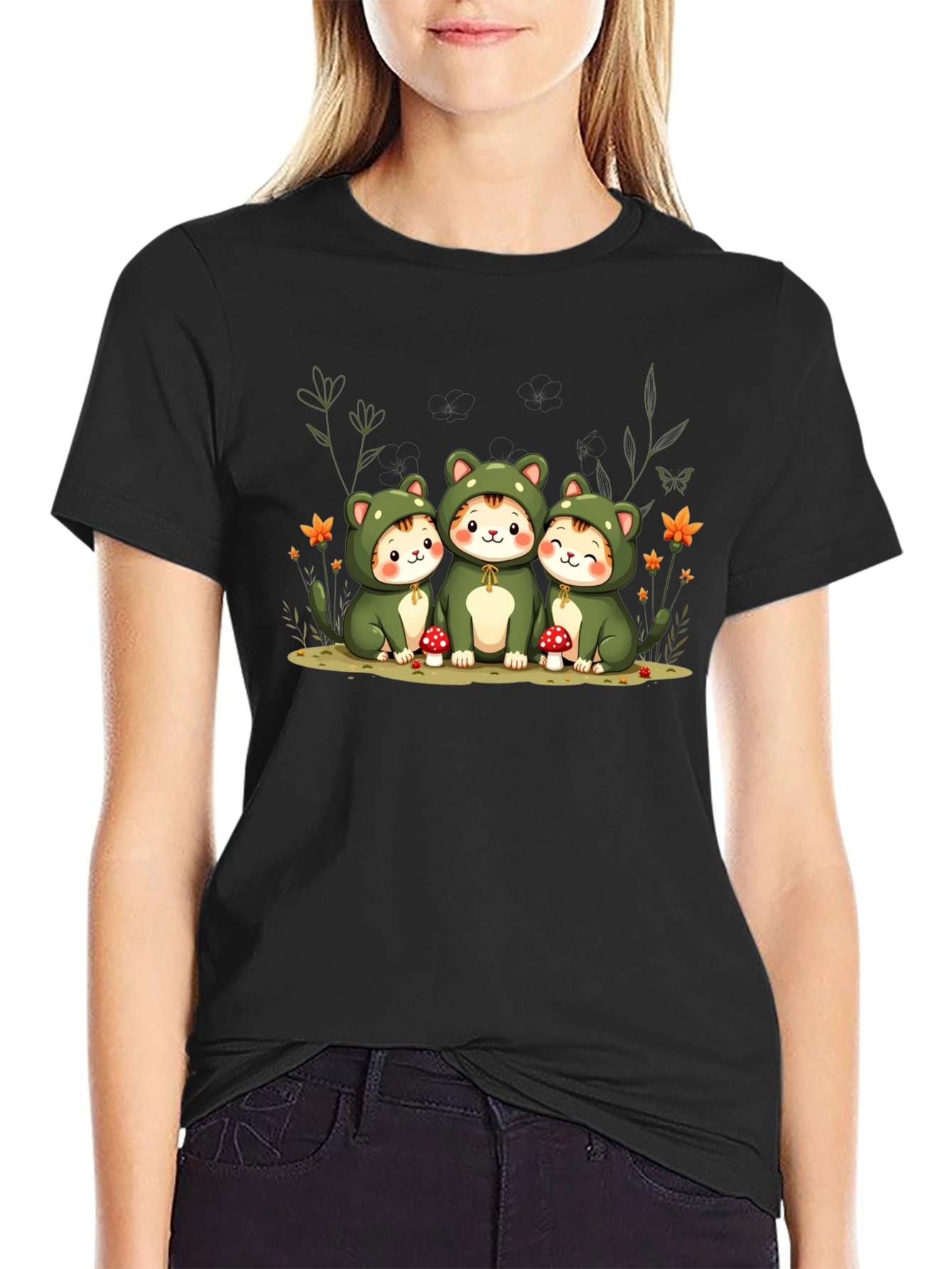 Black Cute Cats in Frog Costumes Black T-Shirt view 2
