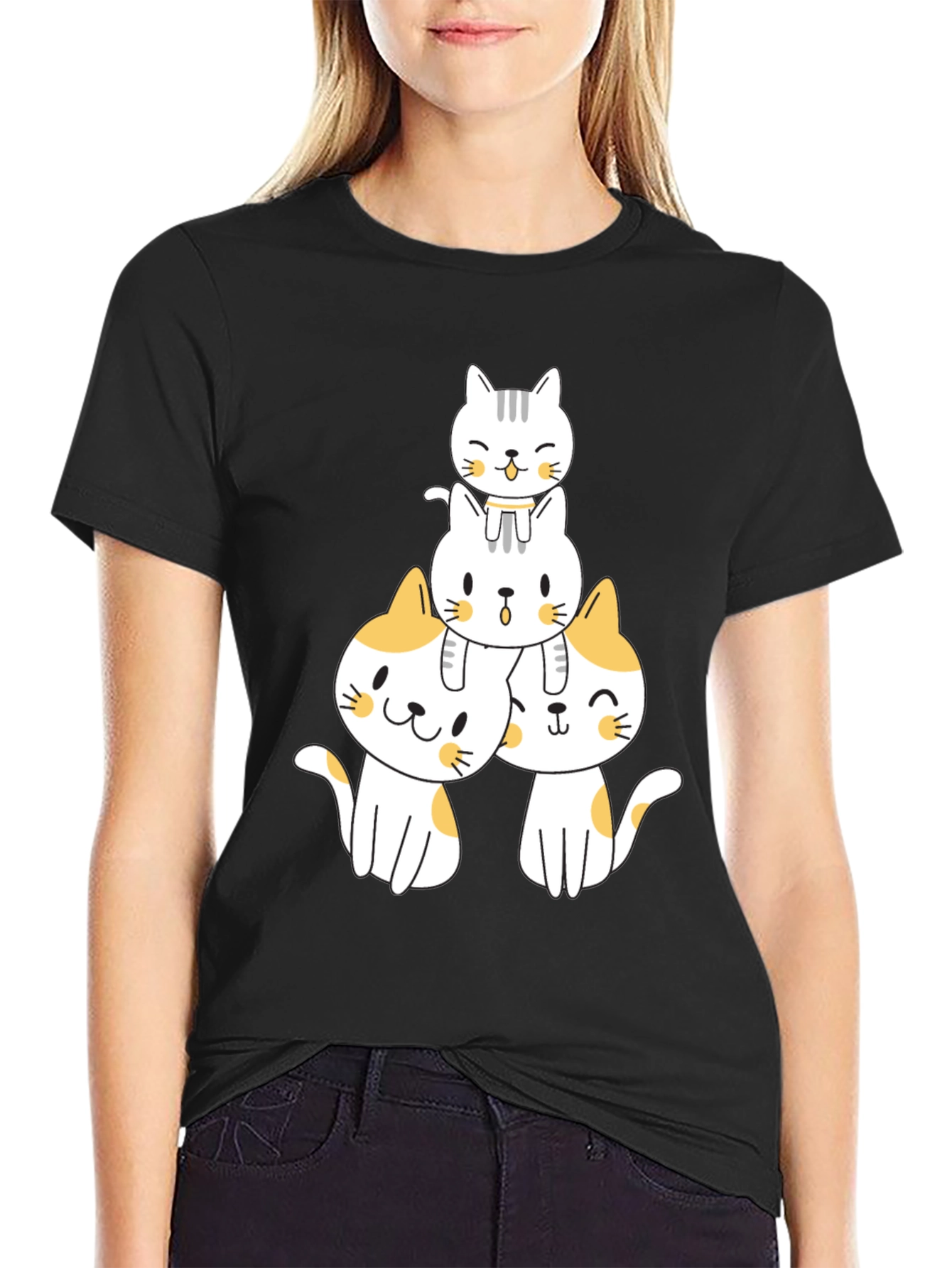 Black Cute Stacked Cats Graphic T-Shirt view 2