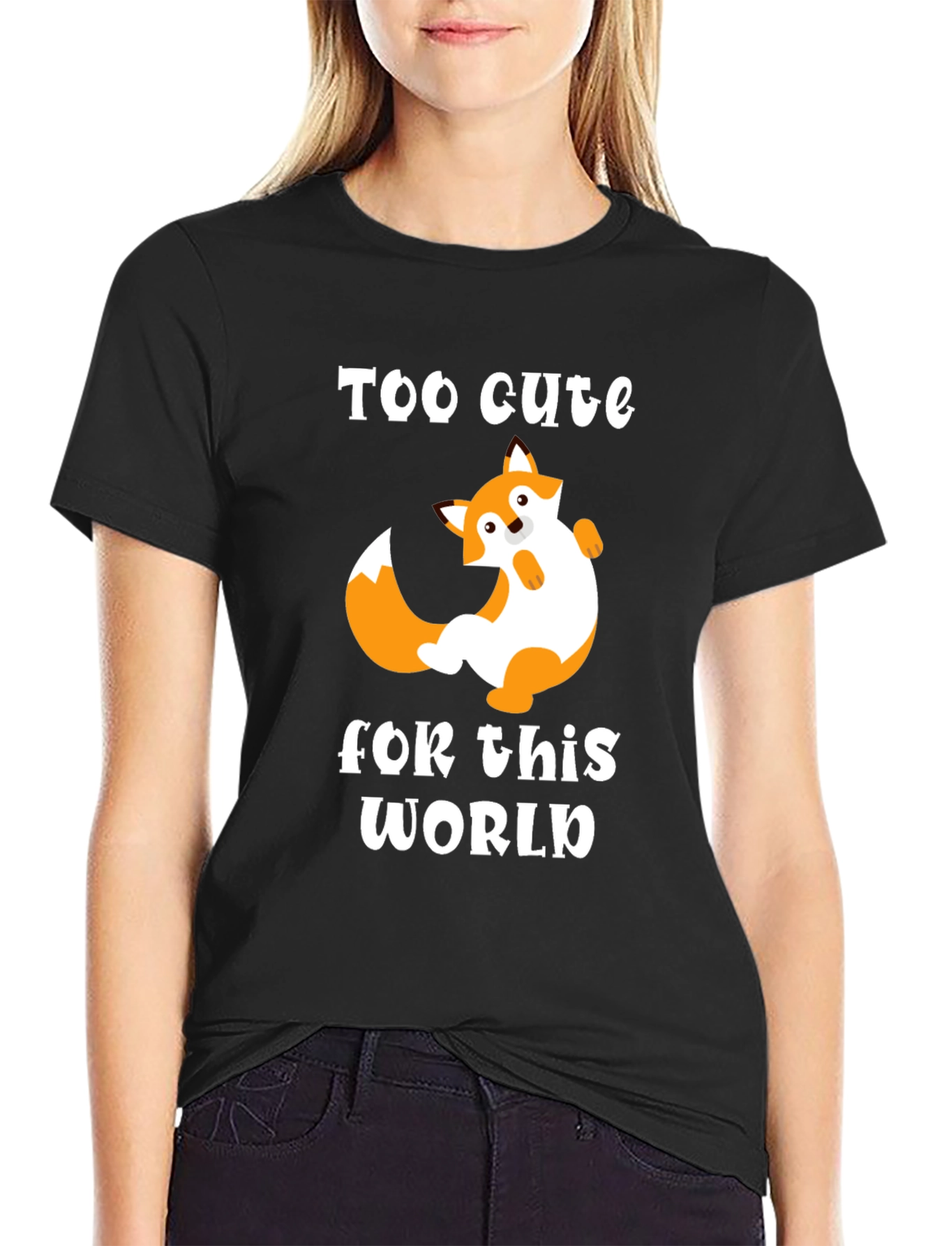 Black Cute Fox Graphic Tee - Too Cute For This World T-Shirt view 2