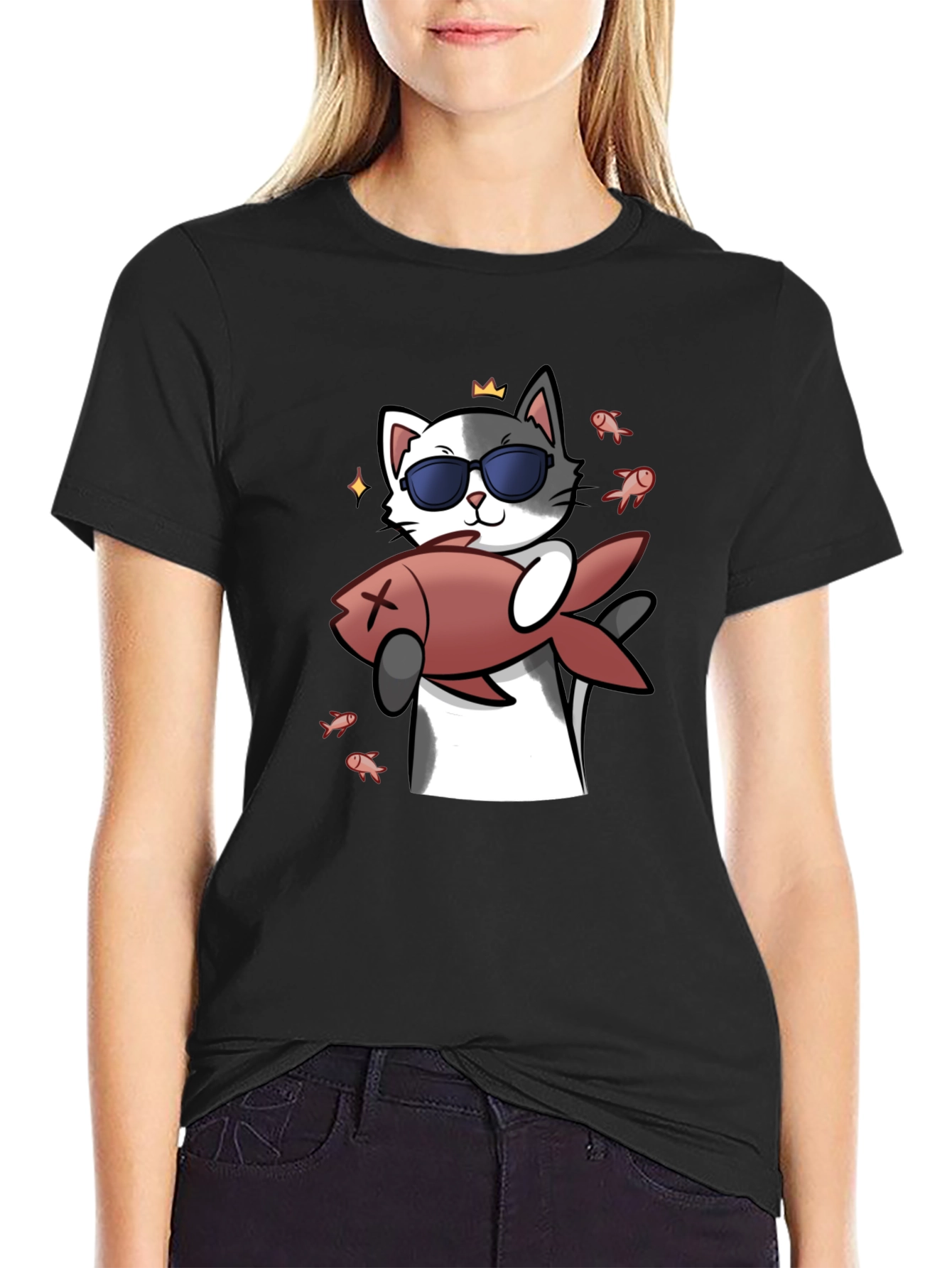 Black Cool Cat With Fish Graphic Tee - Black view 2