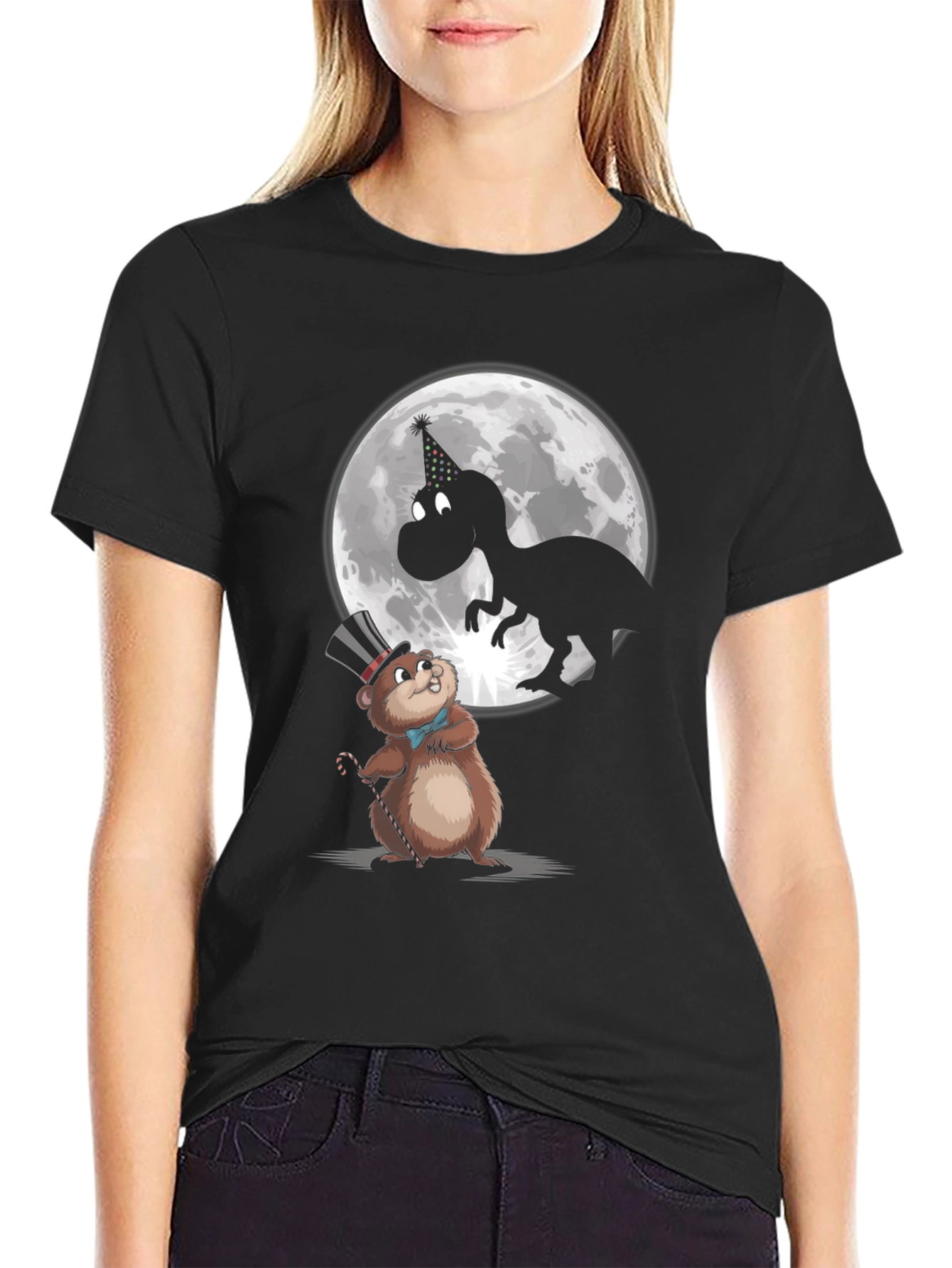Black Party Animal T-Shirt: Dino & Groundhog view 2