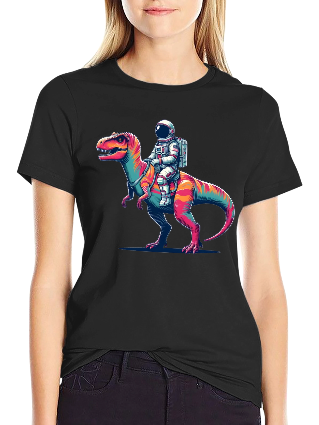 Black Astronaut Riding Dinosaur Graphic Tee view 2