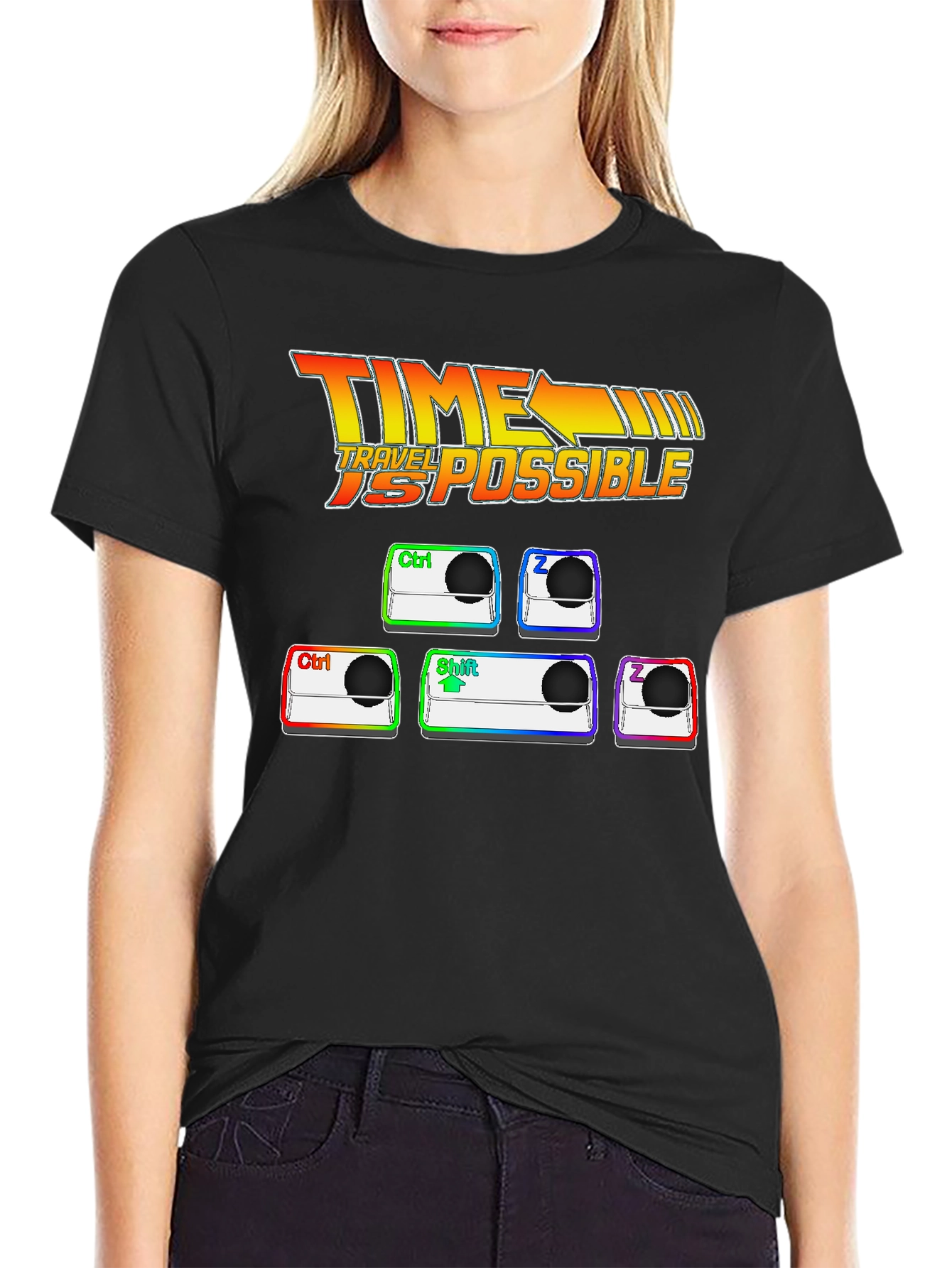 Black Time Travel Possible T-Shirt: Ctrl + Z + Shift + Z view 2