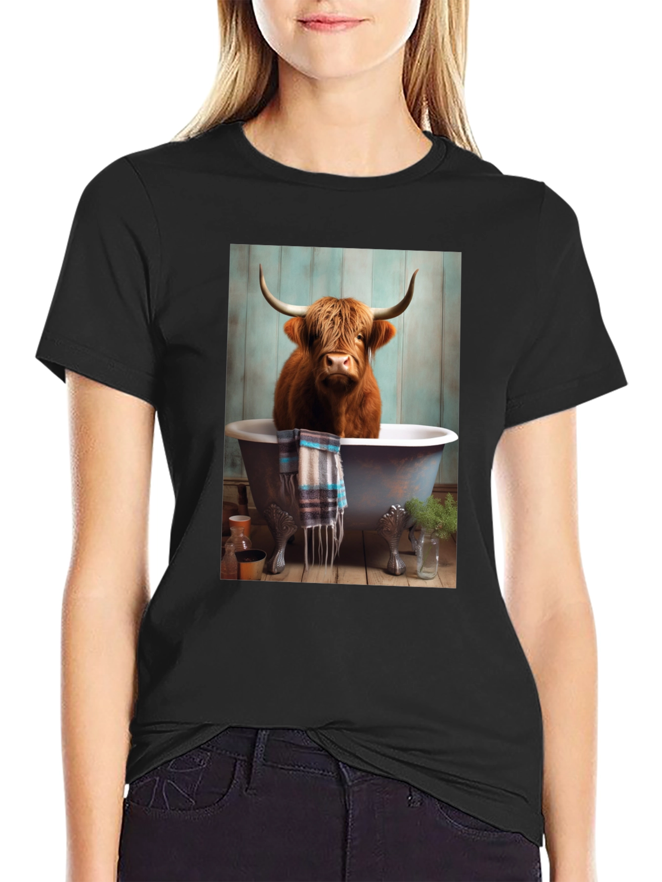 Black Highland Cow in Bathtub T-Shirt view 2