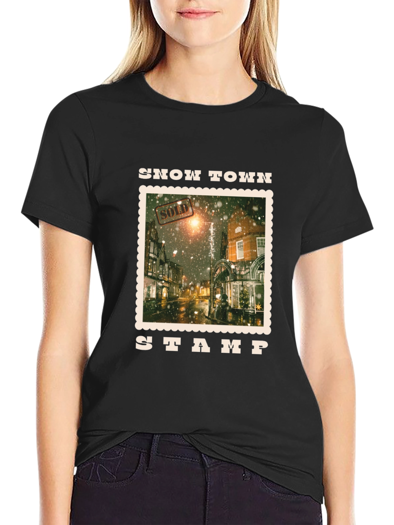 Black Snow Town Stamp Black T-Shirt view 2