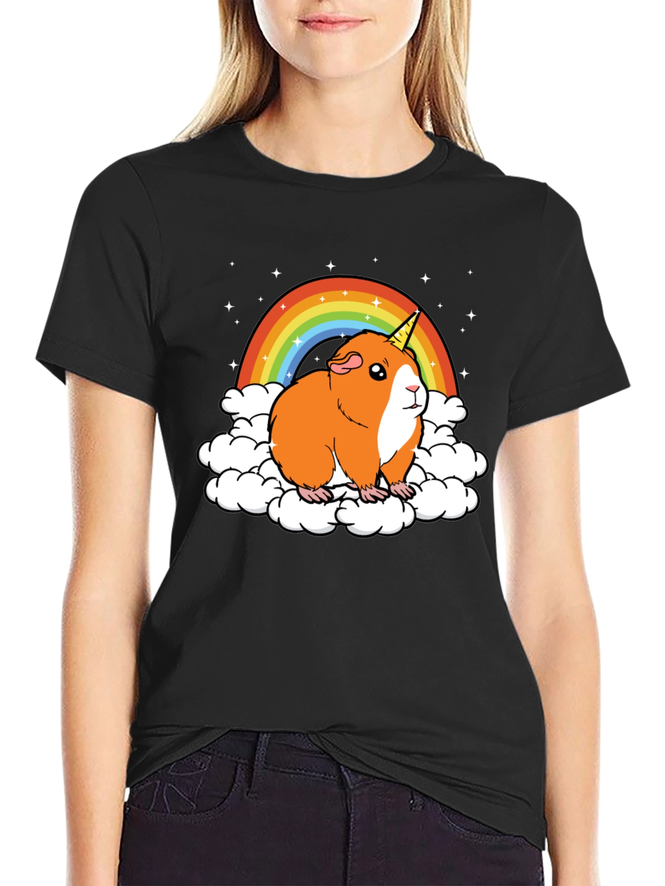 Black Guinea Pig Unicorn Rainbow Graphic Tee view 2