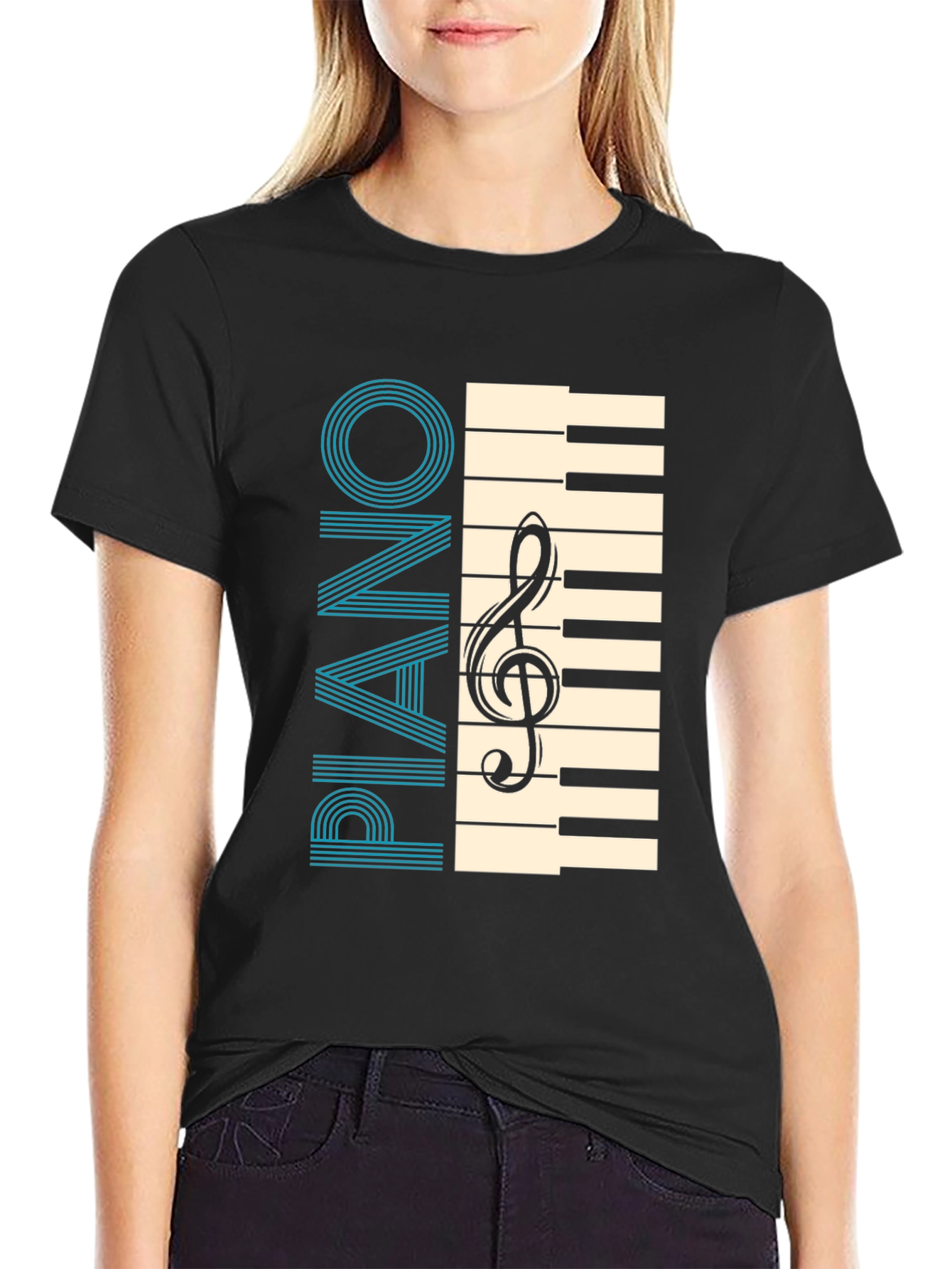 Black Piano Keys & Clef Graphic T-Shirt - Musician's Style view 2