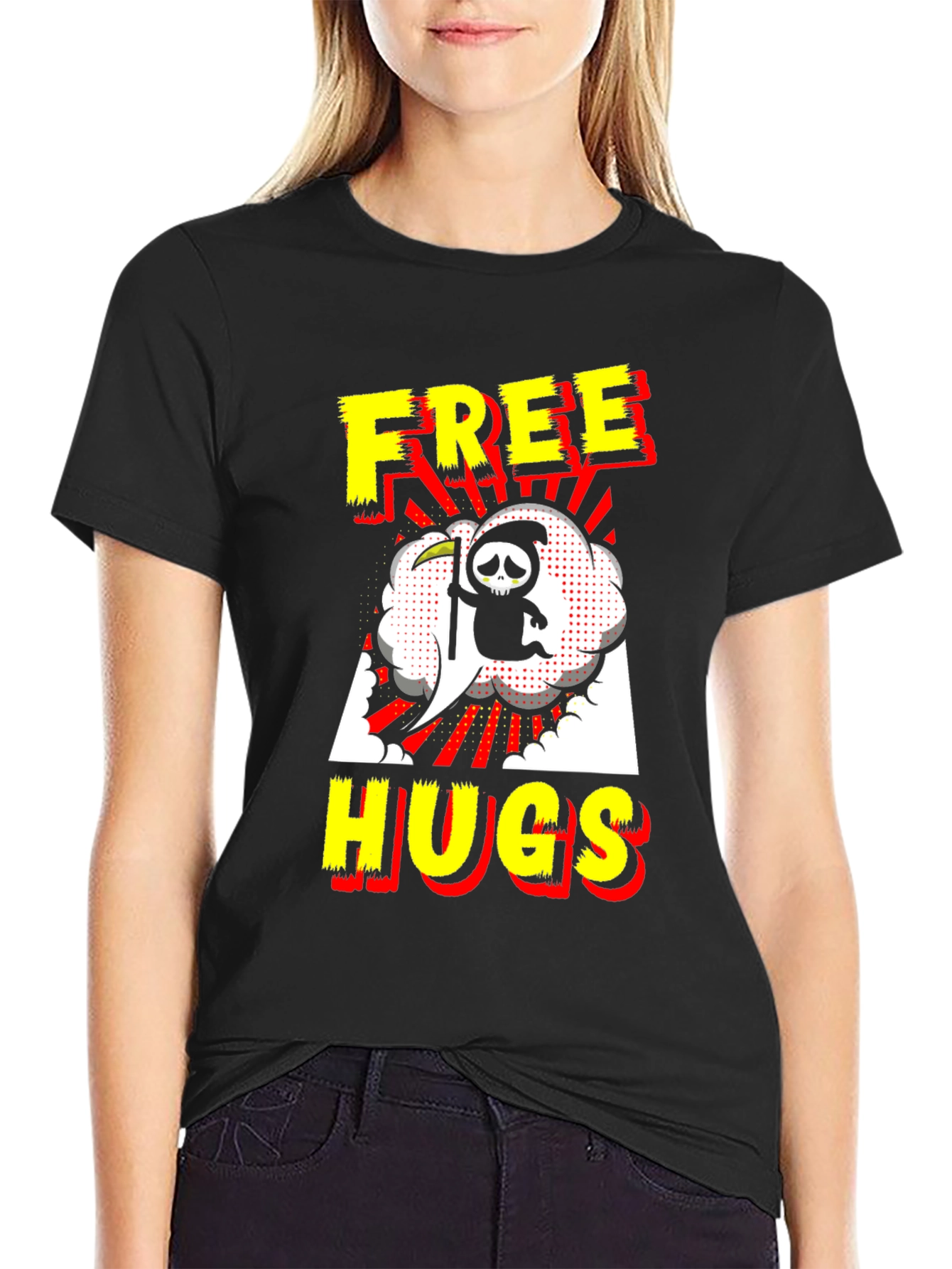 Black Free Hugs Grim Reaper Black T-Shirt view 2