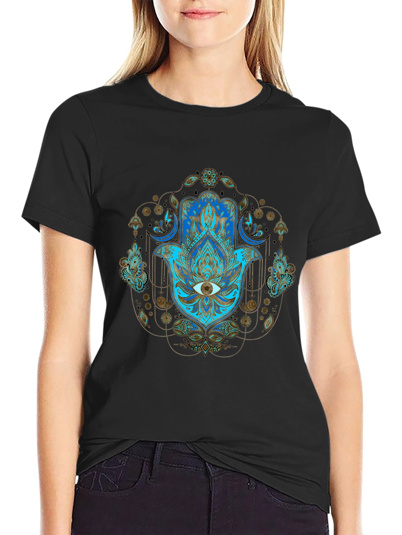 Black Hamsa Hand Graphic Print Tee - Spiritual Protection T-Shirt view 2