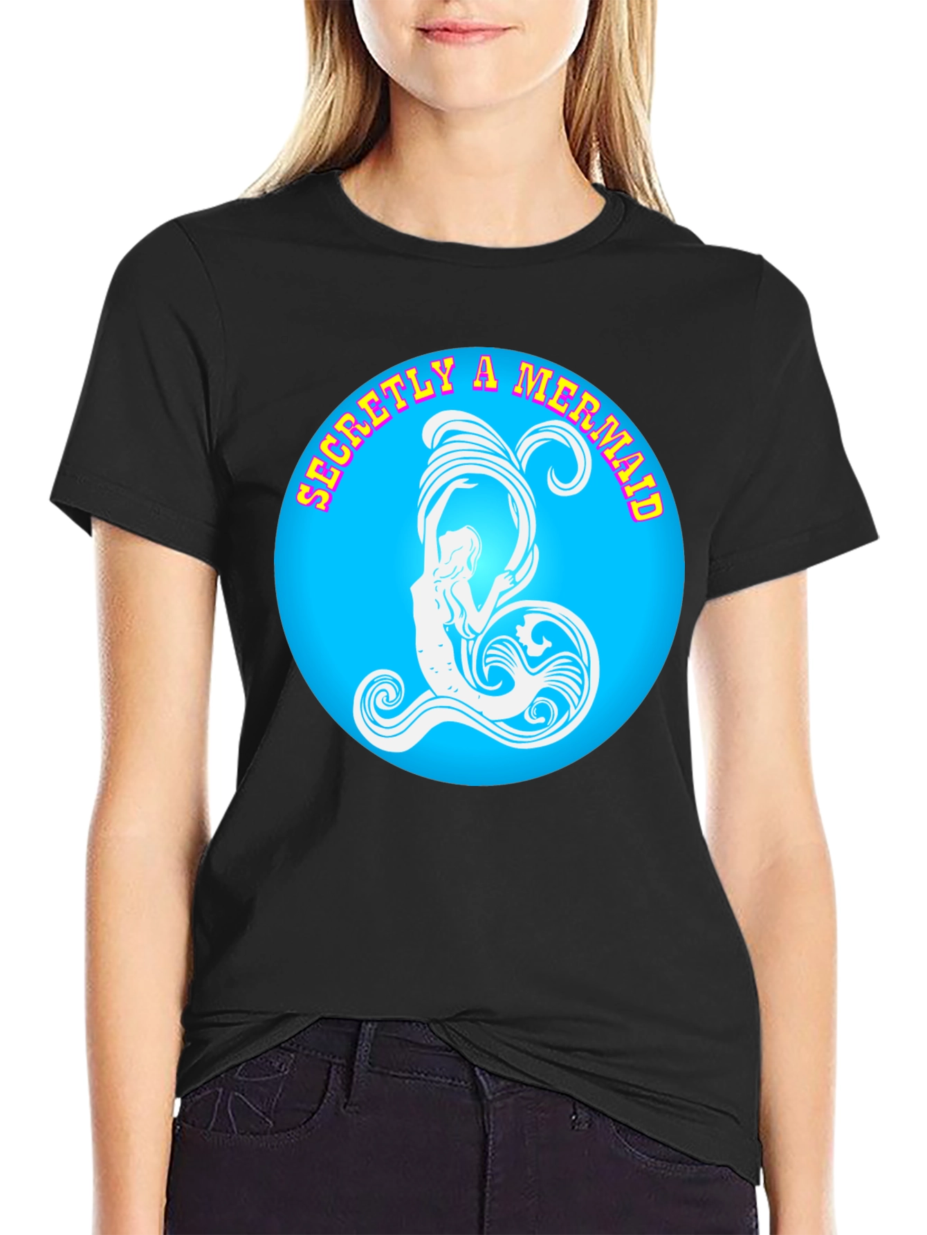 Black Secretly A Mermaid Graphic Tee - Black Cotton T-Shirt view 2