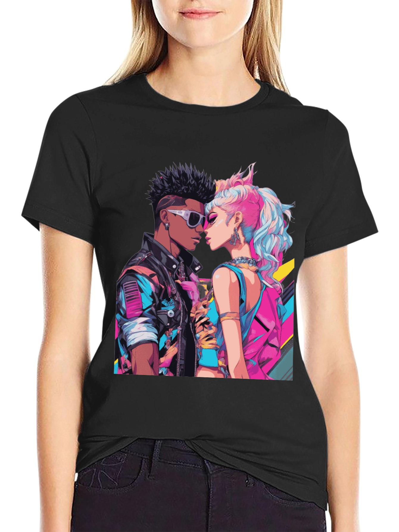 Black Retro Romance Graphic Tee - Cool Couple T-Shirt view 2