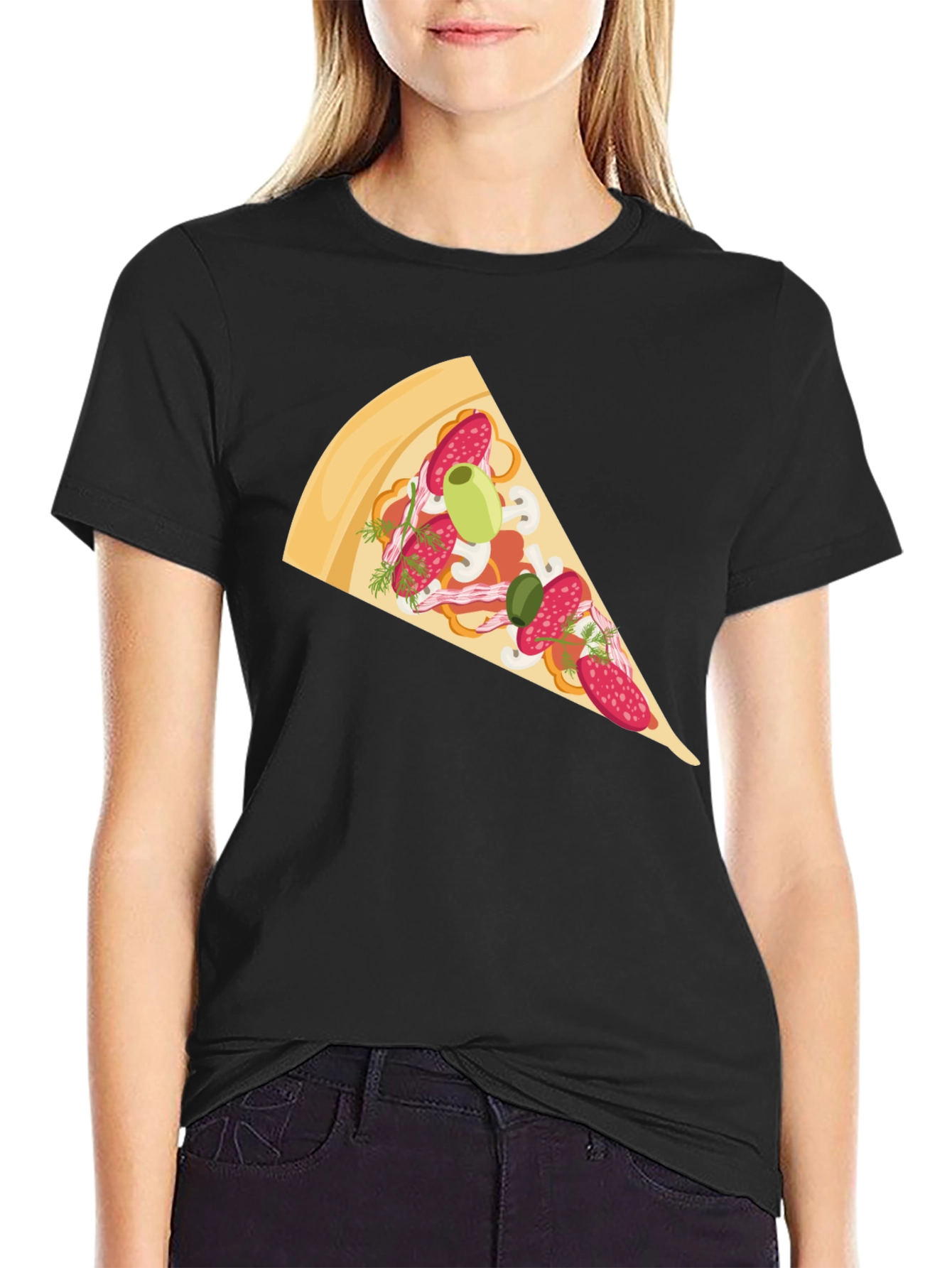 Black Pizza Slice Graphic Tee - Casual Black T-Shirt view 2