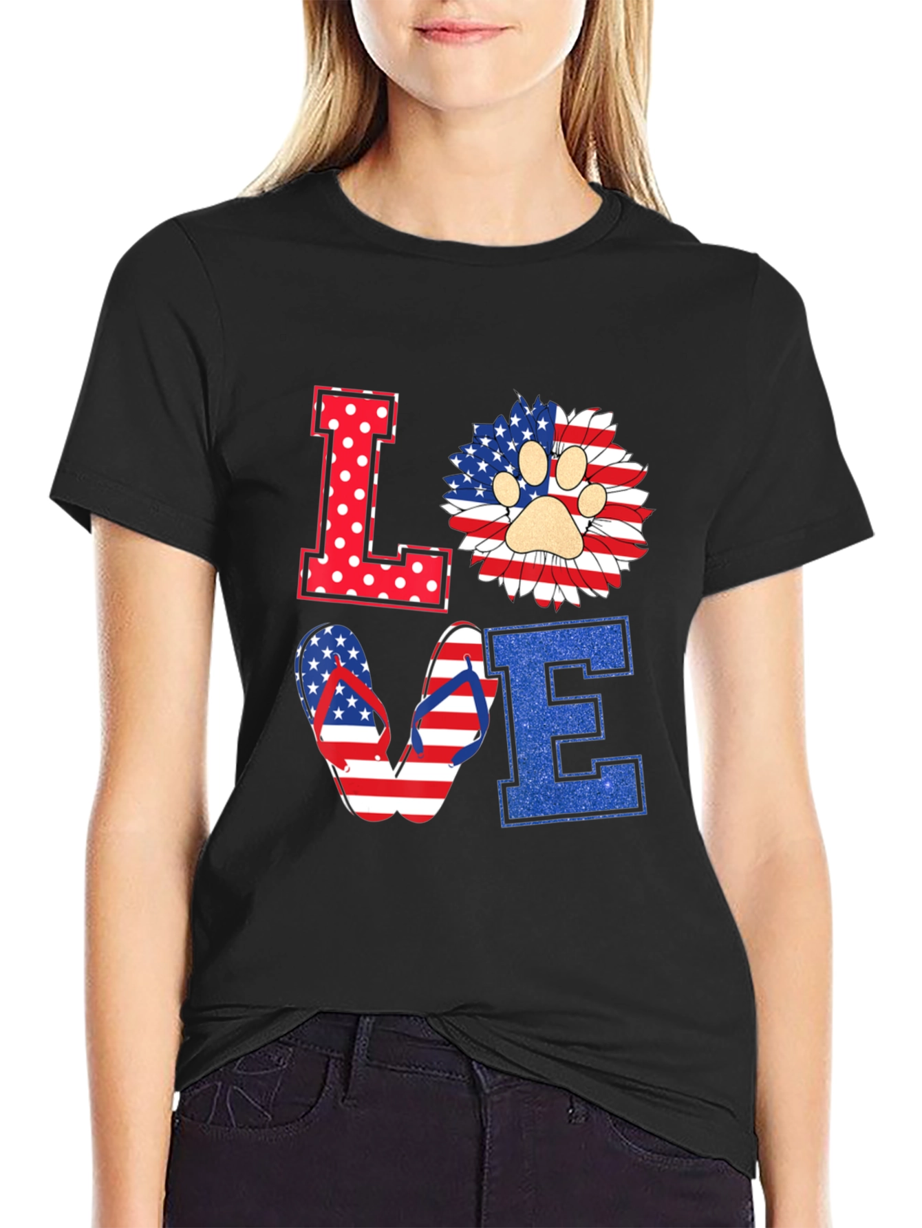 Patriotic LOVE T-Shirt, Paw Print, Flip Flops, USA Flag - 2