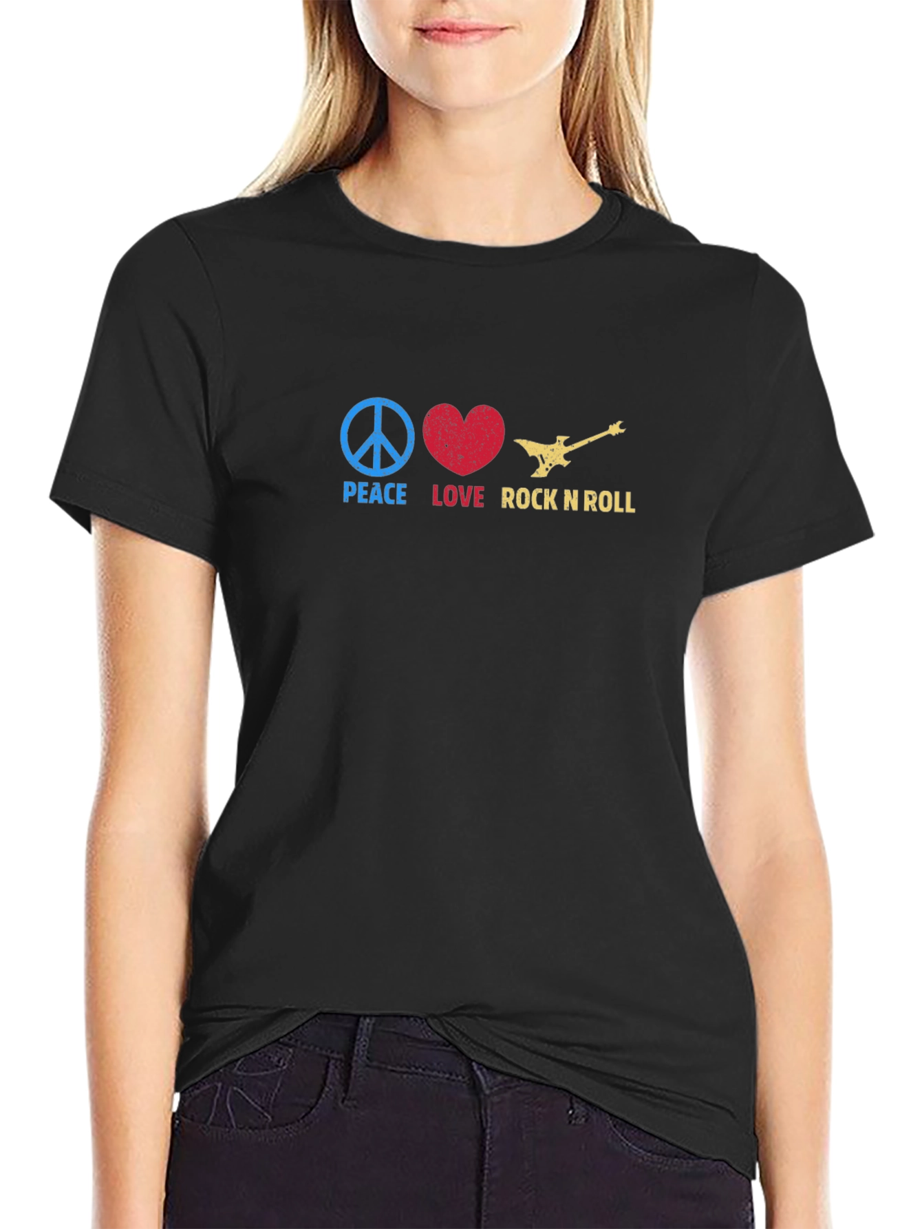 Black Peace Love Rock N Roll Graphic Tee - Black view 2