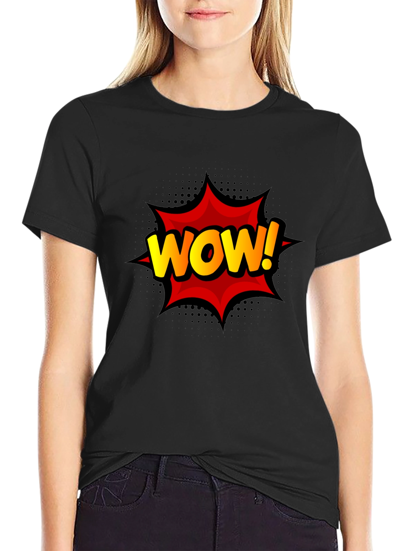 Black WOW! Graphic Print Tee - Black Cotton T-Shirt view 2