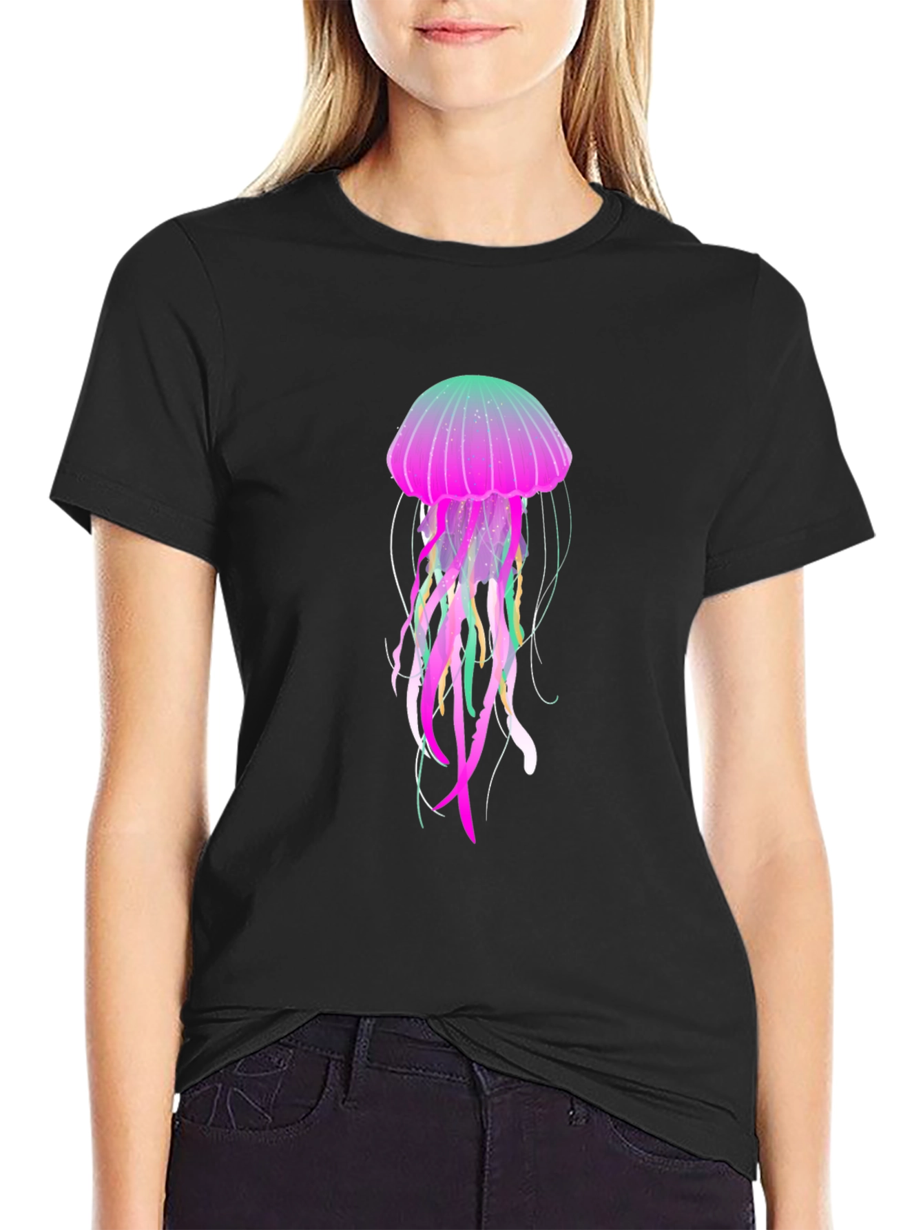 Black Neon Jellyfish Graphic Black T-Shirt view 2
