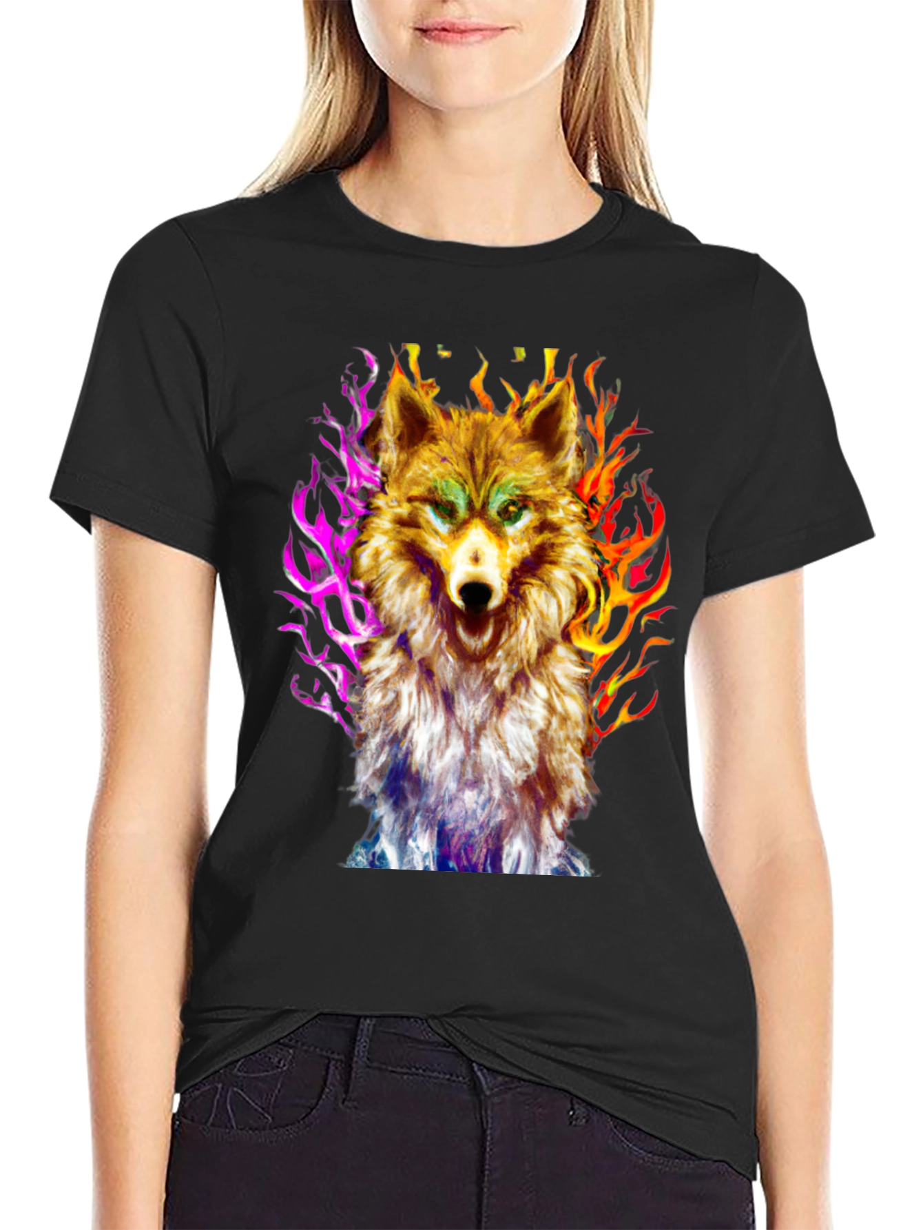Black Fiery Wolf Graphic Tee - Black Cotton view 2