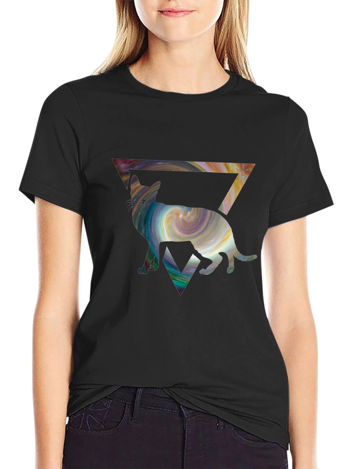 Black Cosmic Cat Triangle T-Shirt - Unique Graphic Tee view 2