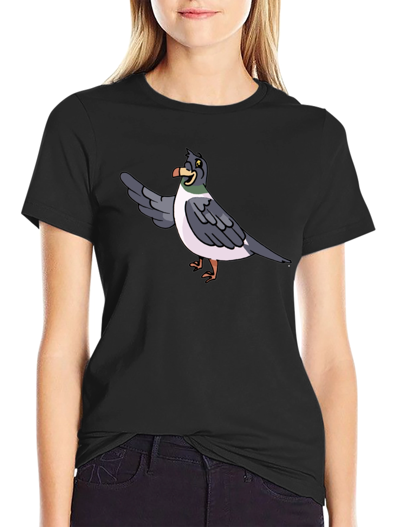 Black Funny Pigeon Cartoon Graphic Tee - Black view 2