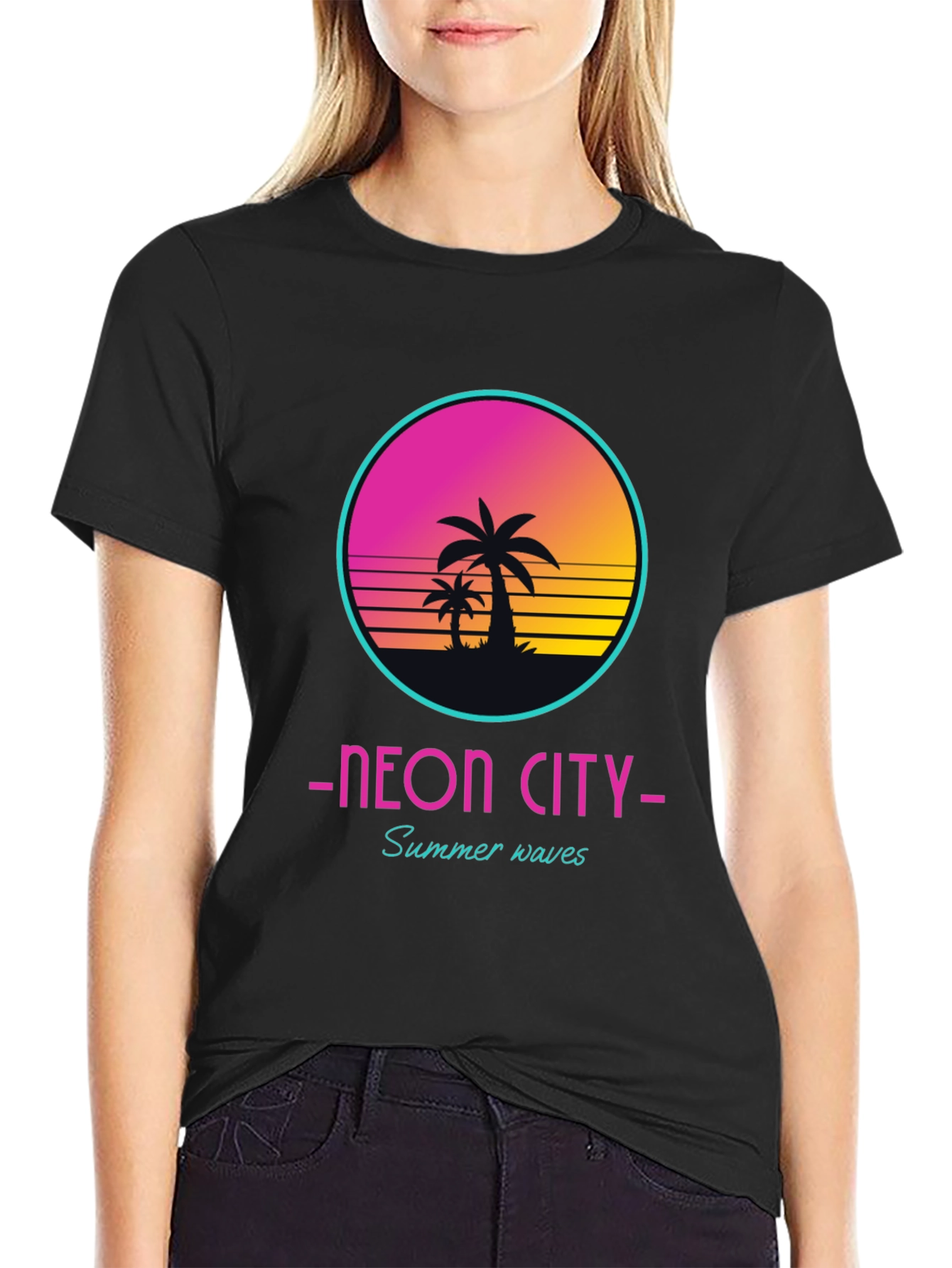 Black Neon City Summer Waves Graphic Tee view 2