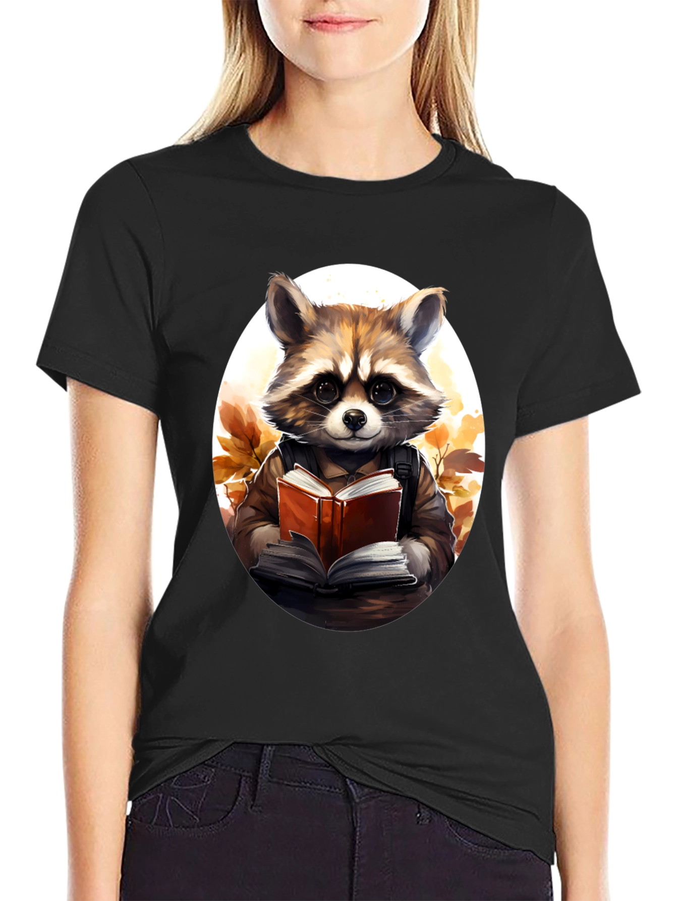 Black Raccoon Reader Graphic Tee - Black Cotton view 2