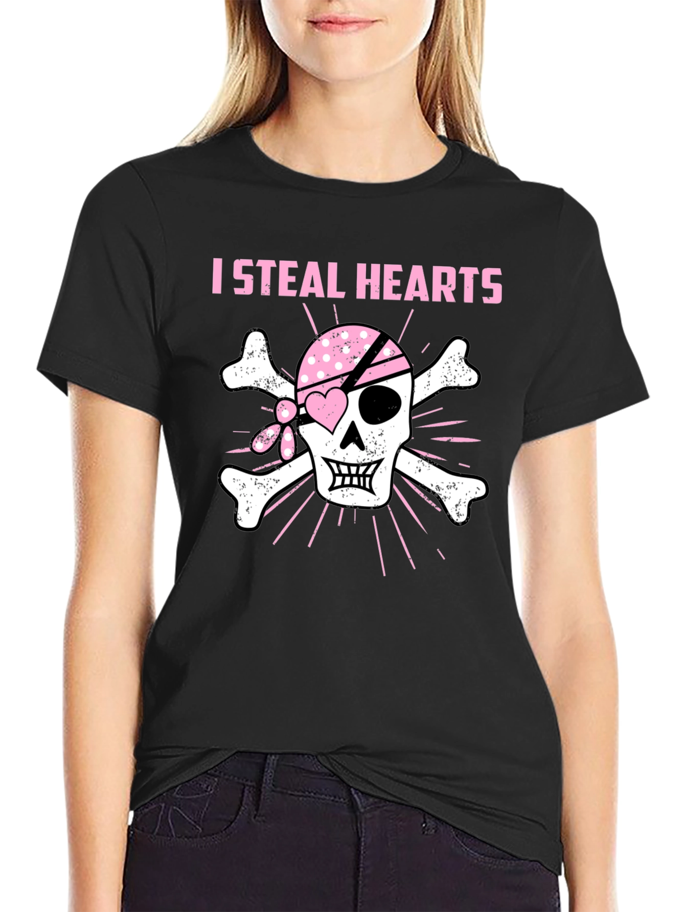 Black I Steal Hearts Pirate Skull T-Shirt view 2