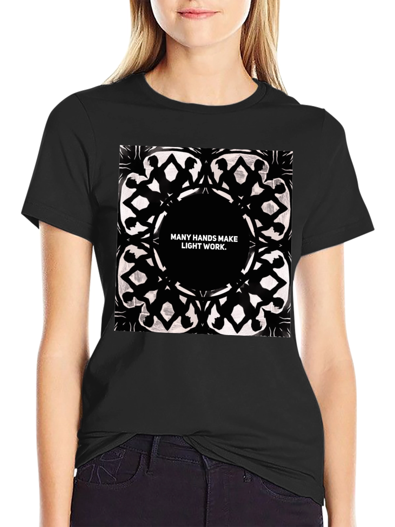 Black Unity Hands Tee - Many Hands Make Light Work Graphic T-Shirt view 2