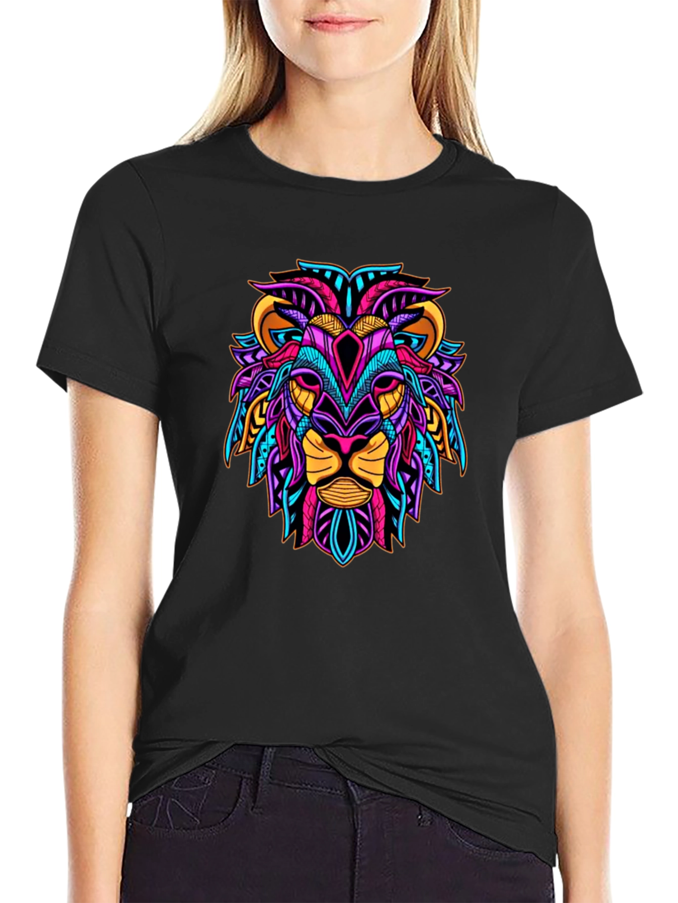 Black Vibrant Lion Graphic Tee - Unique Design view 2