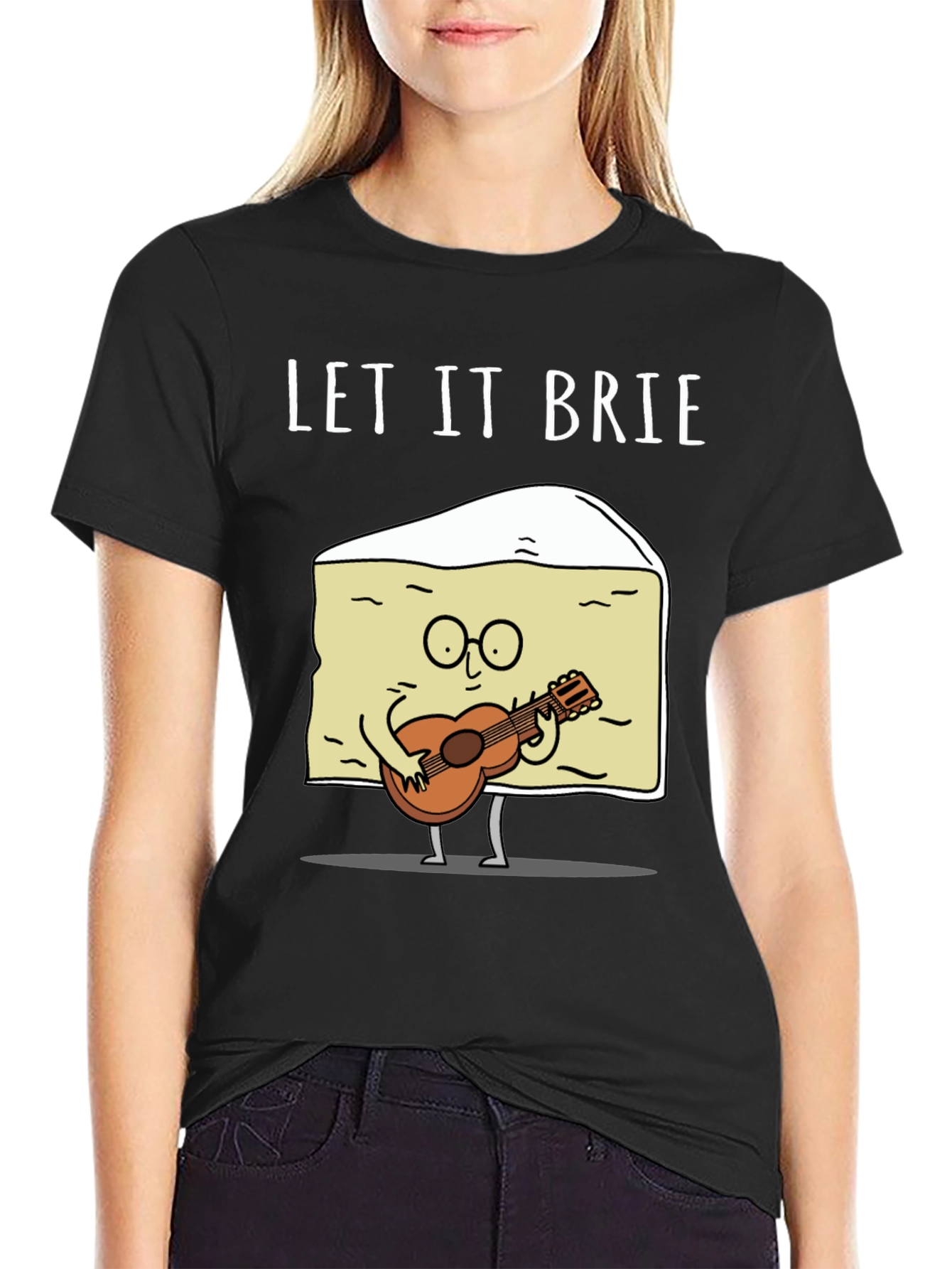 Black Let It Brie T-Shirt - Cheese Guitar Player view 2